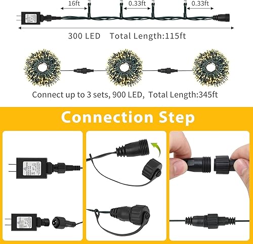 Miniatura 4 de QUWIN Guirnalda de luces LED impermeables de Navidad para exteriores, 115 pies, 300 LED con certificación UL, 8 modos con enchufe de extremo a
