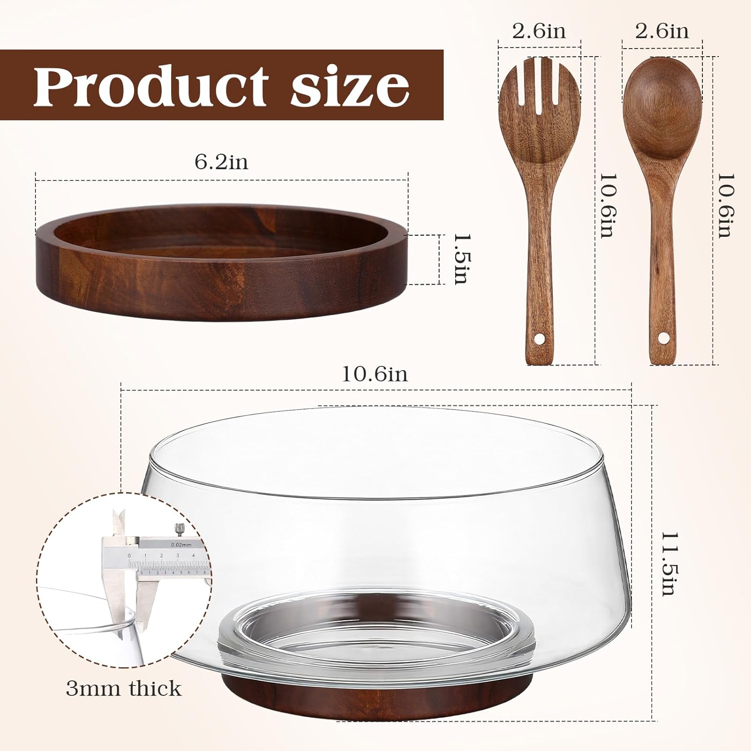 Extra Large 3.8QT Glass Salad Bowl Set, 3600ml Clear Serving Bowl with Acacia Wood Base & Wooden Utensils - Decorative Mixing Bowl for Kitchen, Party, Thanksgiving - Elegant Wooden Salad Bowl
