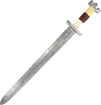 MedievalDepot Anglo-Saxon Damascus Battle Sword with Triple Lobe Pommel, Hand-Carved Bone and Wood Handle, 32" Overall