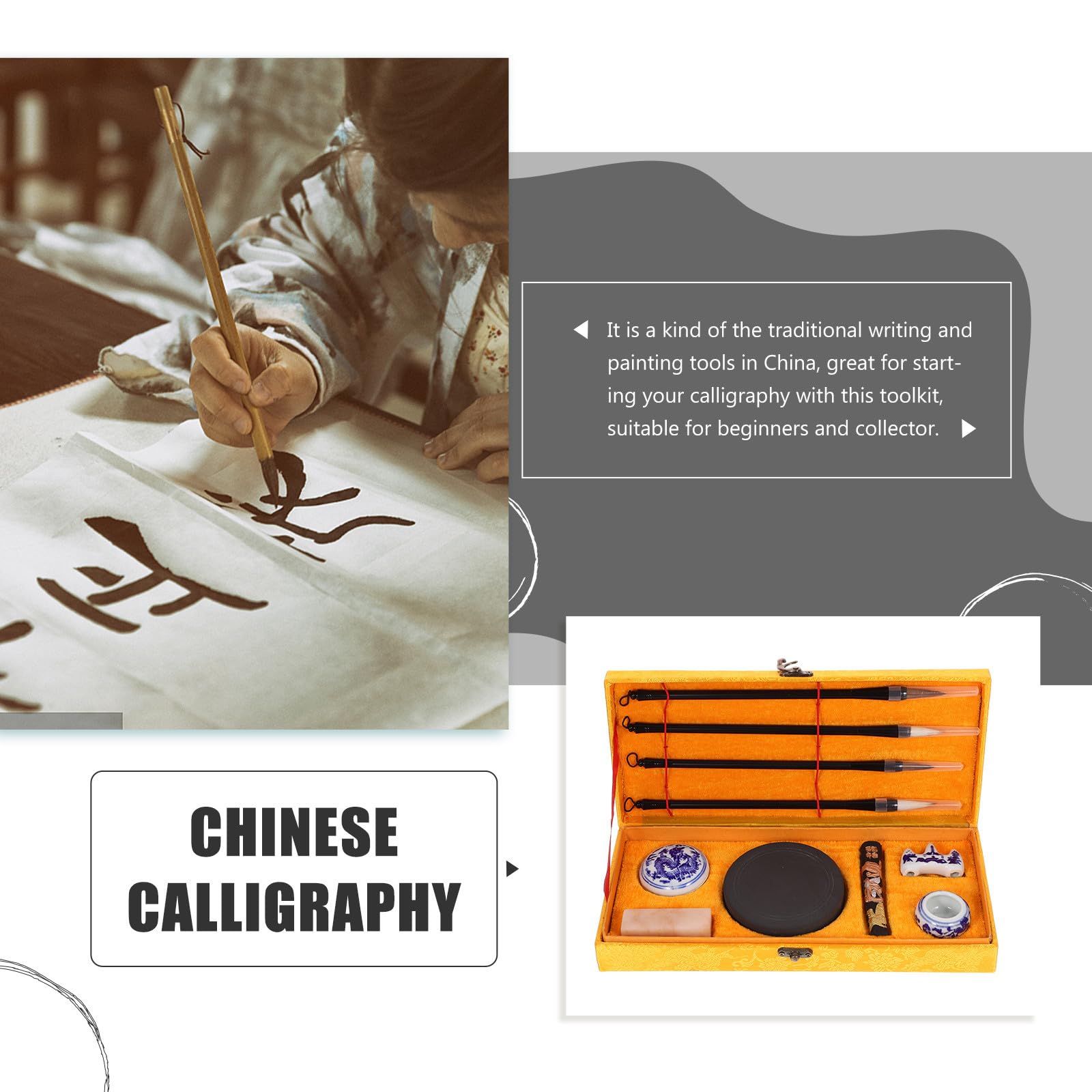 DOITOOL Chinesisches Kalligraphie Pinselset mit Holzgriff und Wolfsborsten für Anfänger Inklusive Tuschestein und Papier für Kalligraphie und Malerei