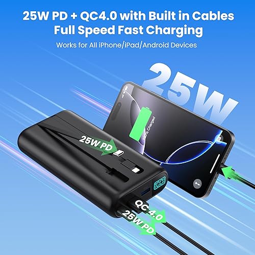 Miniatura 3 de Cargador portátil de 40,800 mAh con cables integrados, 5 salidas USB, batería de reserva, 25 W PD USB C pantalla LCD de carga de teléfono compatible