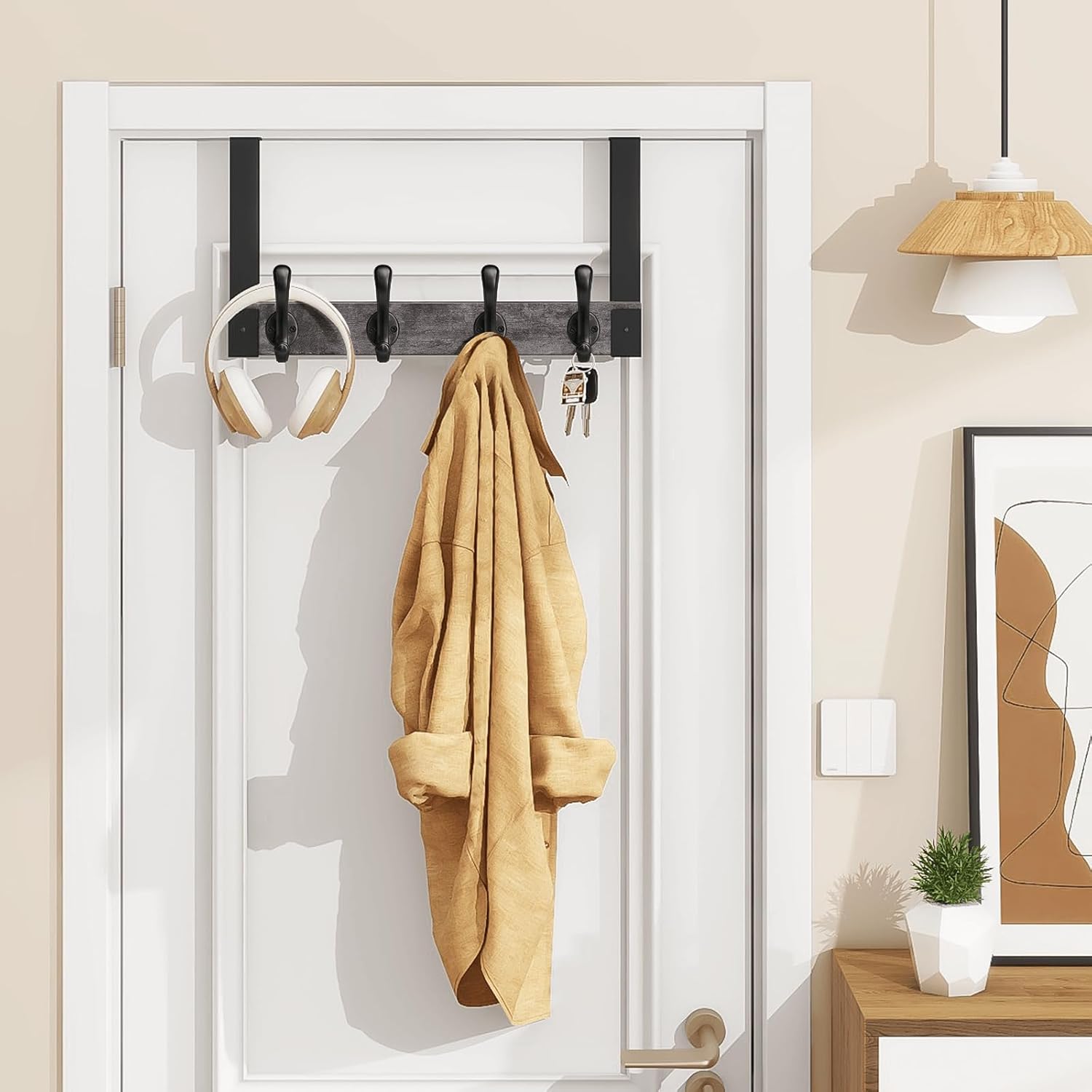 Homode Over The Door Hooks Heavy Duty, Wood Over The Door Towel Rack for Bathroom Door, Rustic Over The Door Hanger,Back of Door Hooks Coat Hooks for Hanging Towels Clothes Hats Bags, Grey