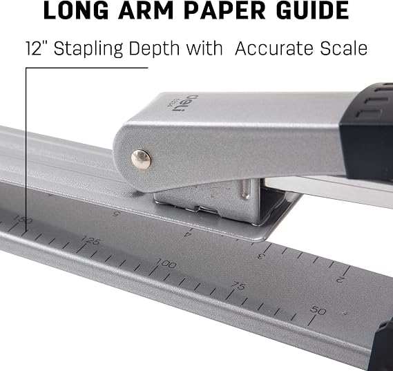 Deli Long Reach Stapler with 1000 Staples, 20 Sheet Capacity, Silver | Long Arm Standard Staplers for Booklet or Book Binding