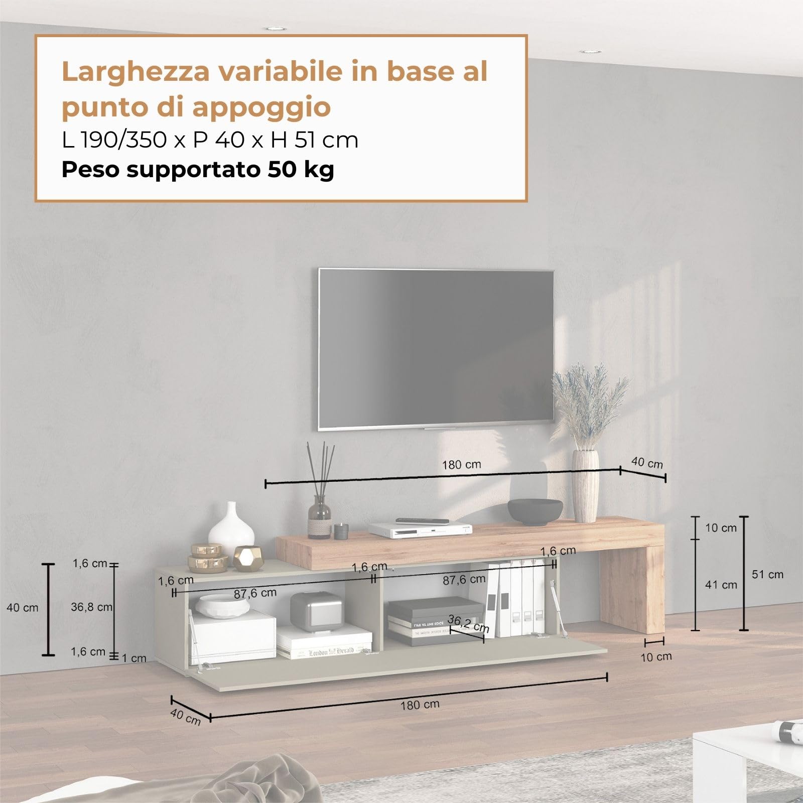 WHOUS Mobile Porta TV CHRONOS per Soggiorno con 1 Anta a Ribalta, Mobile Tv Regolabile per Salotto in Legno, 190/350x40x51 cm, Tortora Opaco e Rovere