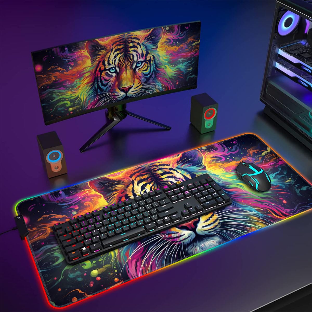 Tappetino per mouse da gaming, motivo: tigre fantasy, ROG, lungo, estendibile, LED, grande, 60 x 35 x 0,3 cm, con bordo cucito, base in gomma antiscivolo, lavabile