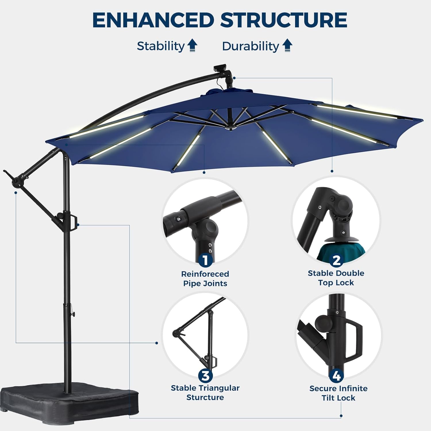 HOMSHADE 10ft Solar Lights Offset Cantilever Patio Umbrella - with Light and Base, LED Lighted Offset Hanging Patio Outdoor Market Umbrella UPF50+ UV Protection with Easy Tilt and Crank (Navy Blue)