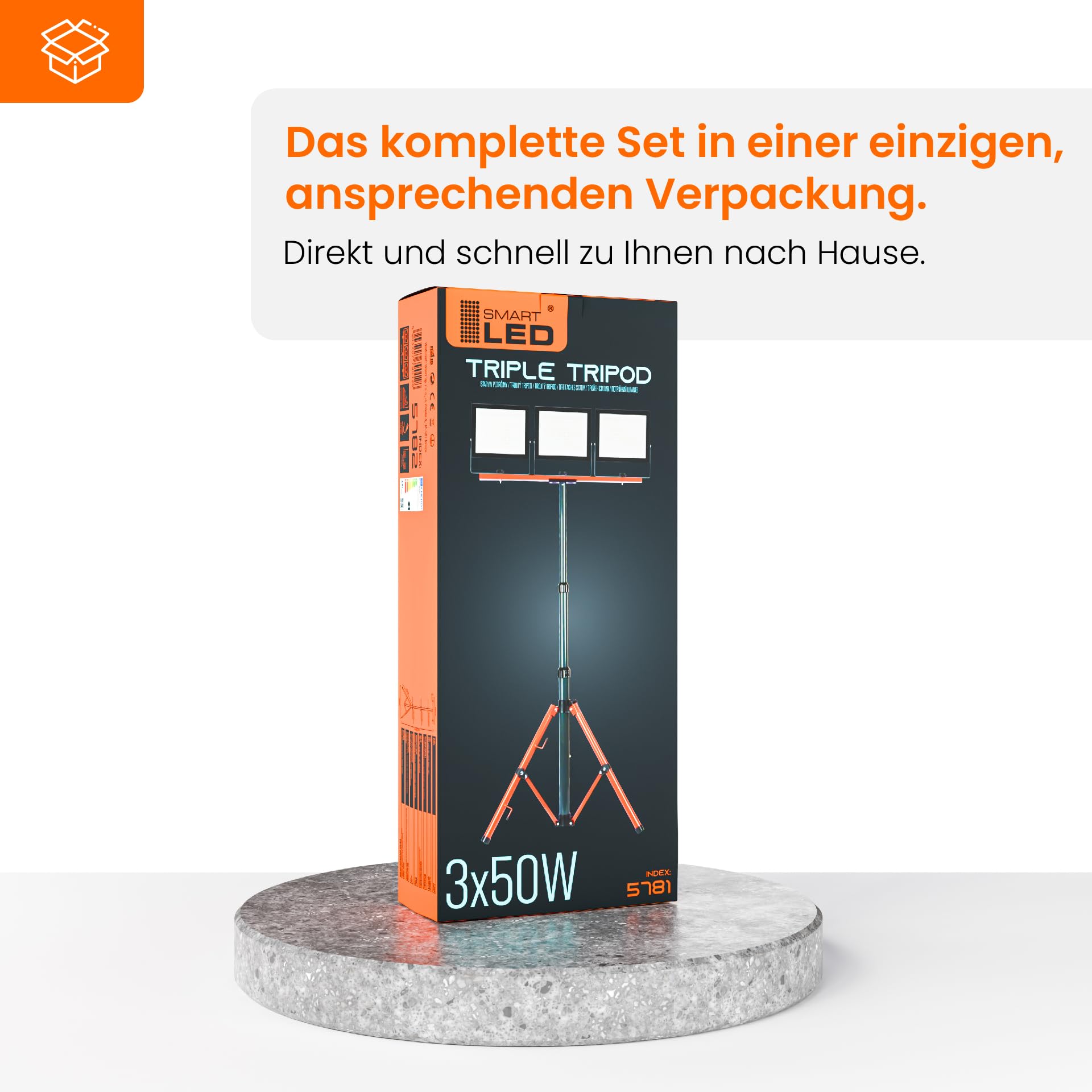 SmartLED Baustrahler Arbeitsstrahler mit Stativ 3x50W, LED Strahler 3x5500 Lumen, 1,60 m Einstellbar Teleskopisch, 360° Grad Drehung, 180 cm Kabel, IP65, kompakt und leicht (3x 50W 16500lm)