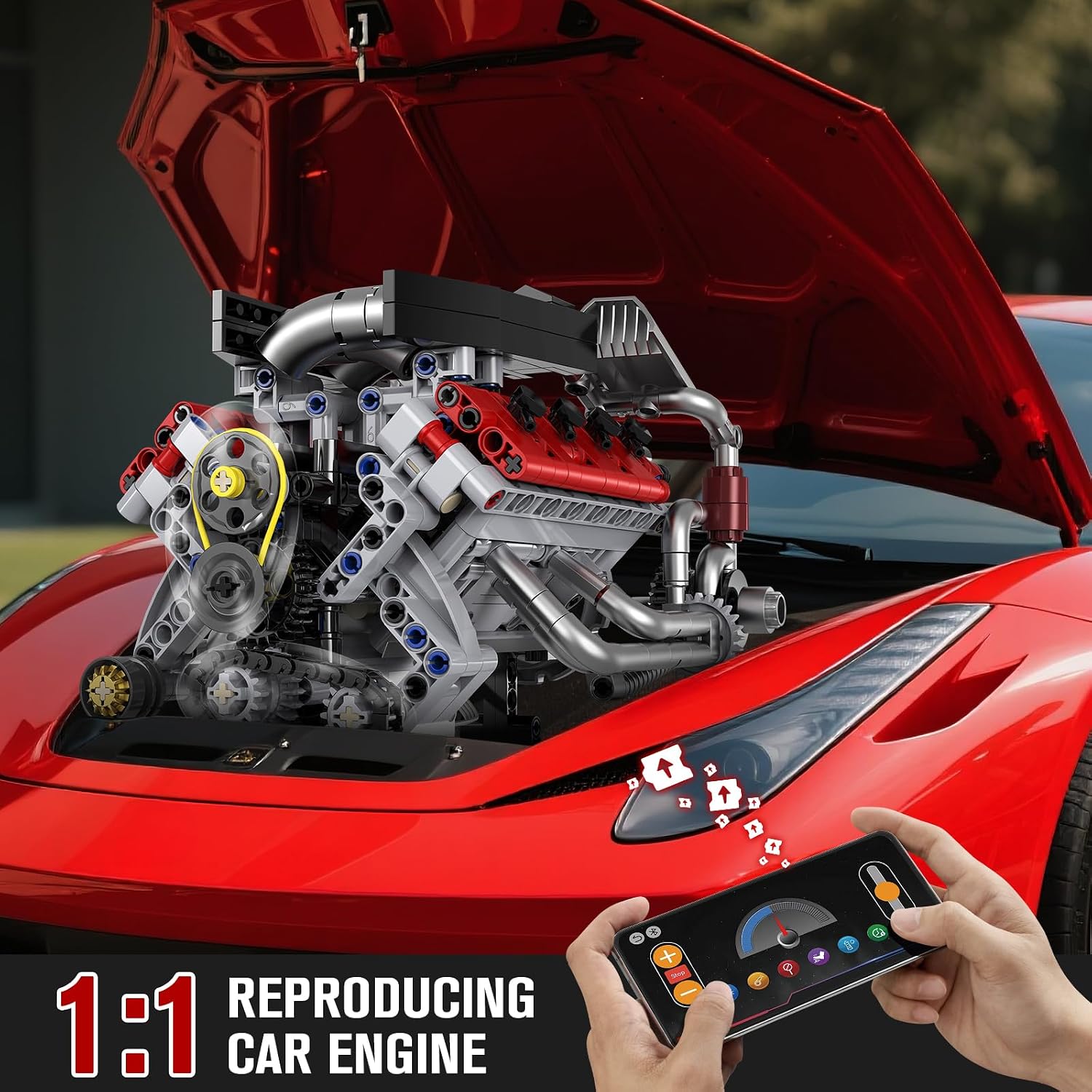 HIGH GODO Ideas V8 Engine Building Kit that Works, Build Your Own MOC Mini V8 Engine Model Toy for Display, STEM Toys Gifts for Teens Adults 14+ (700 PCS)