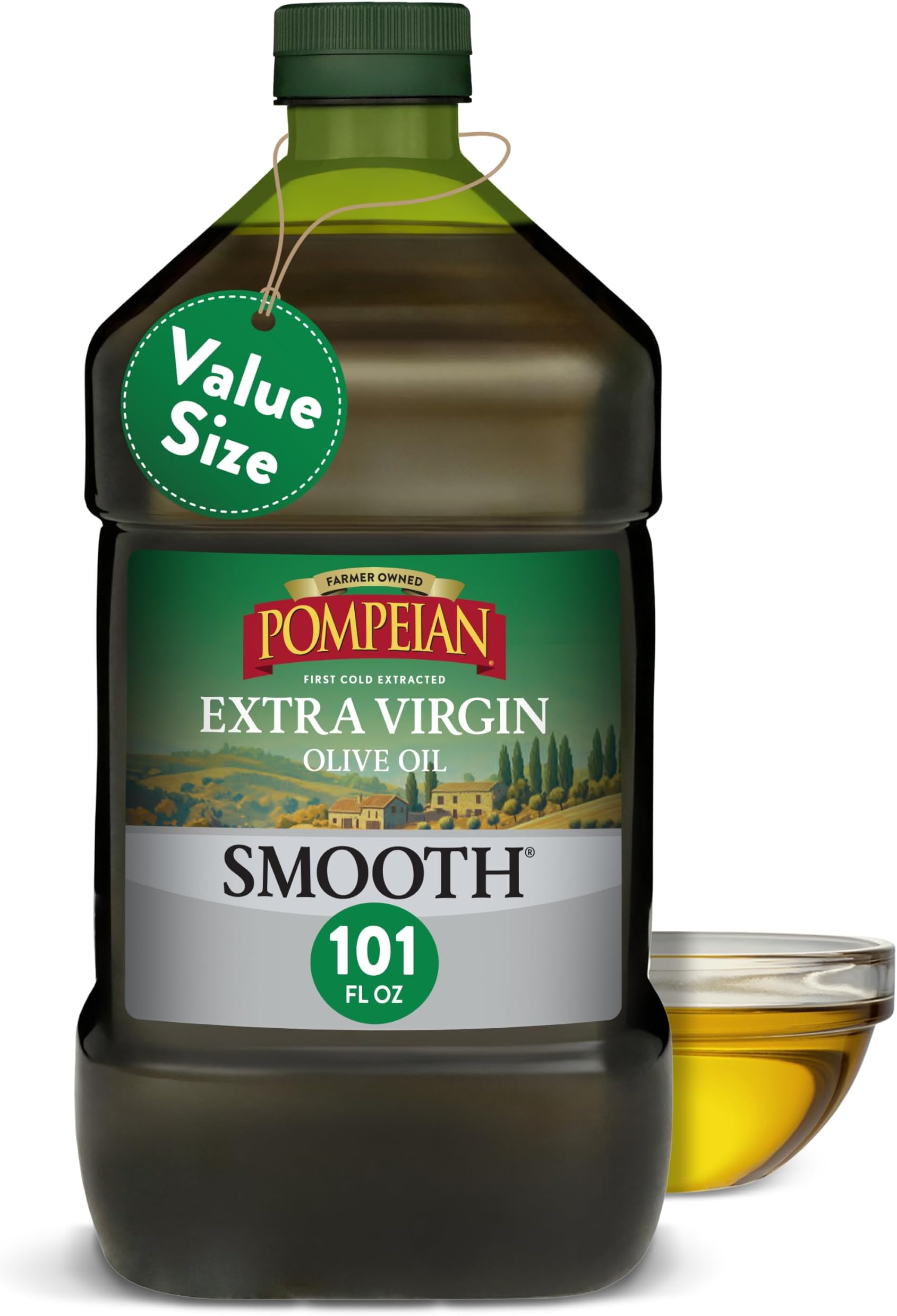 Pompeian Smooth Extra Virgin Olive Oil, First Cold Pressed, Mild and Delicate Flavor, Perfect for Sauteing and Stir-Frying, Naturally Gluten Free, Non-Allergenic, Non-GMO, 101 Fl Oz., Single Bottle