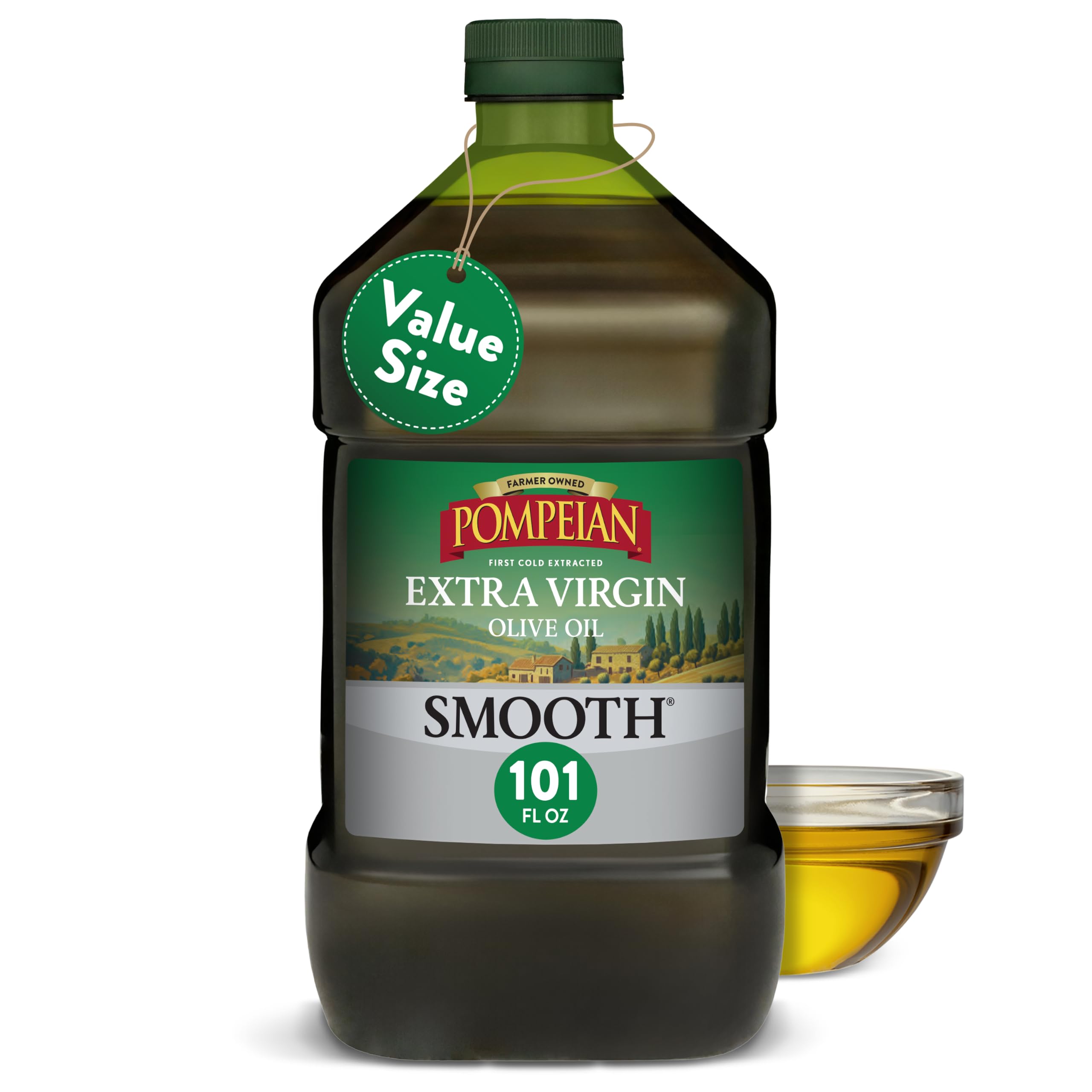 Pompeian Smooth Extra Virgin Olive Oil - 101 fl oz (3 L) First Cold Pressed Olive Oil for Cooking - Smooth Taste for Sauteing, Stir-Frying, and Baking - Value Size