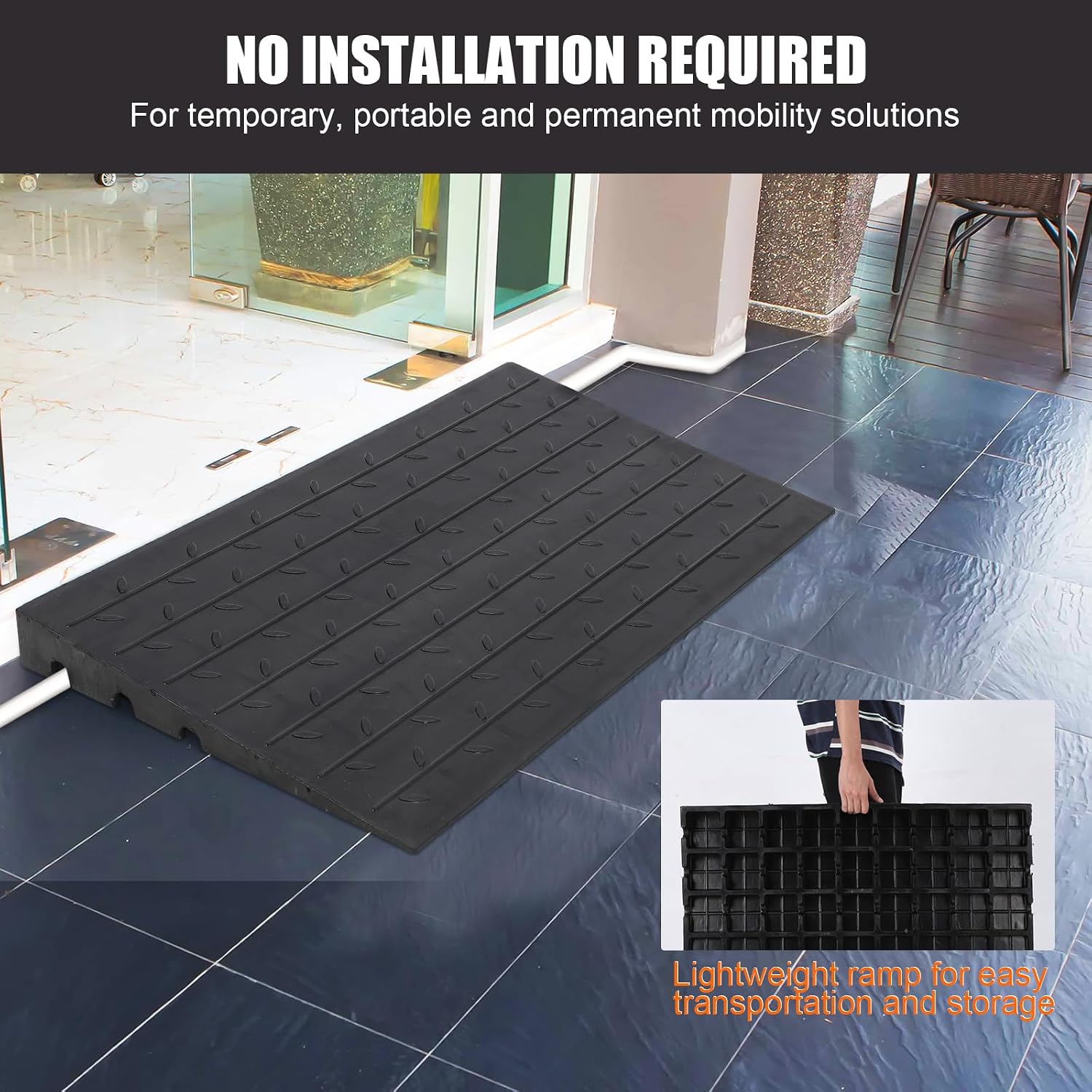 Towallmark Rubber Threshold Ramp Doorway, 4’’ Rise Wheelchair Threshold Ramp, 2500LBS Capacity No-Slip Driveway Curb Ramps for Wheelchair Mobility Scooter Power Chairs with 3 Channels Cord Cover