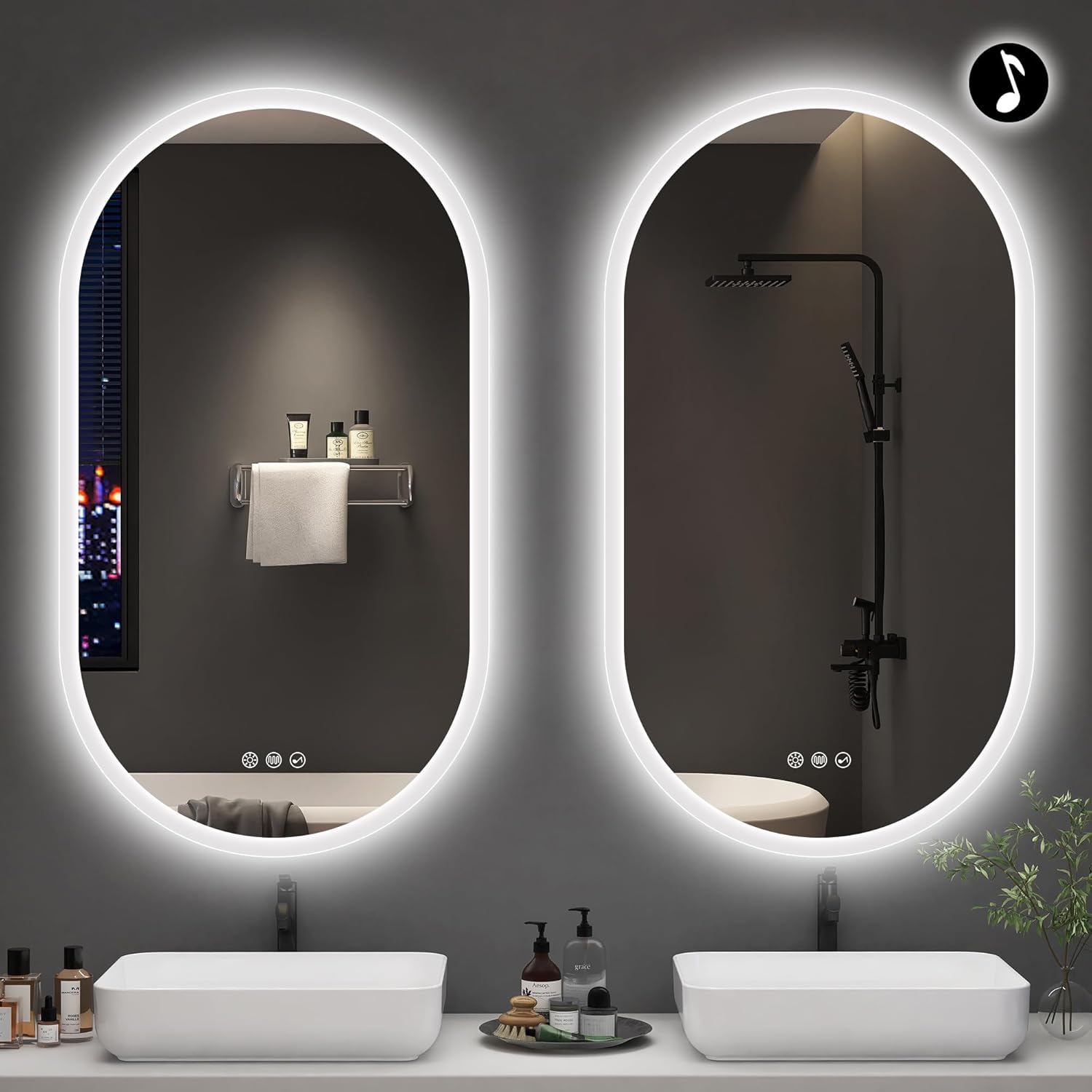 S'bagno 2pcs 20x36 Oval LED Bathroom Mirror with Lights, Anti-Fog, Bluetooth Speaker, 3 Colors Temperature & Dimmable, Lighted Mirrors for Bathroom Wall with Memory Function, Waterproof, Shatter-Proof Silver-2 Pack 36X20''