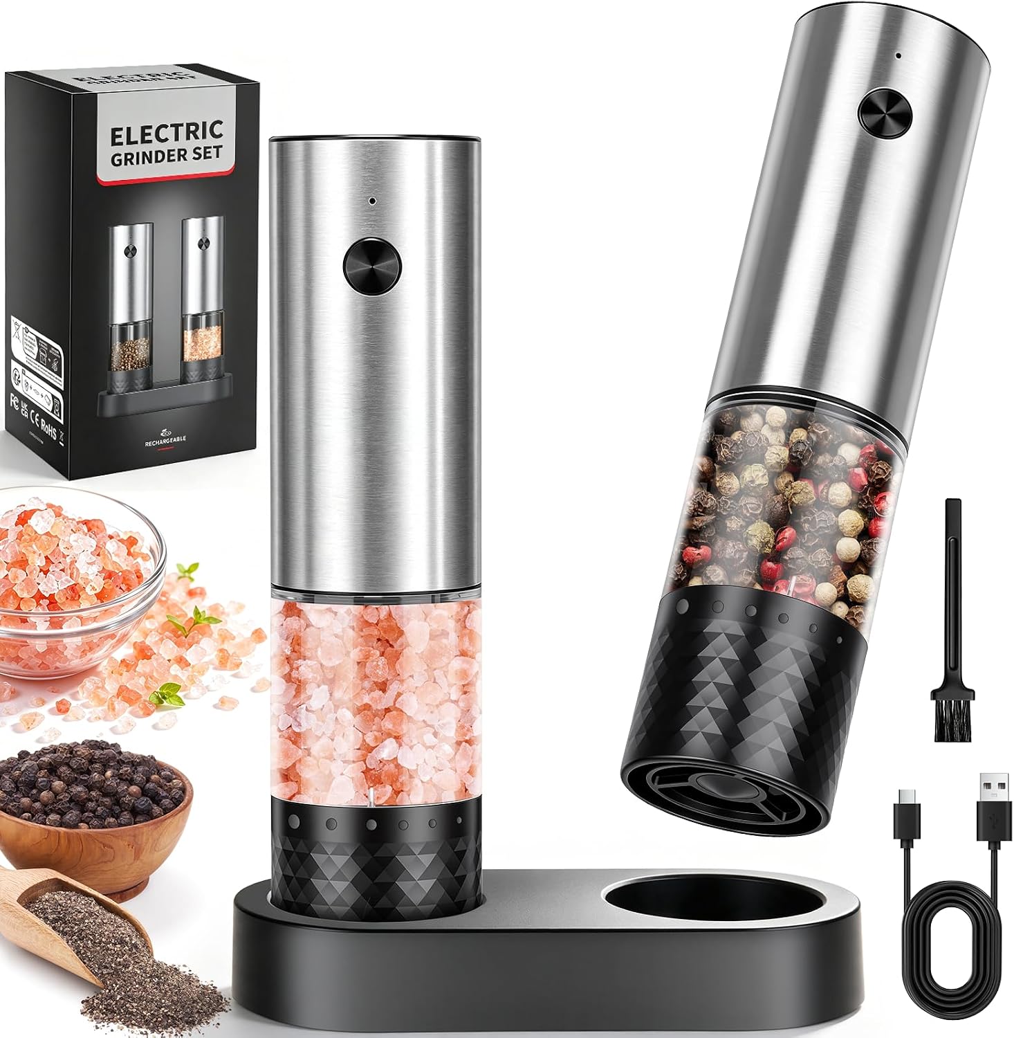 Rechargeable Electric Salt and Pepper Grinder Set 2 Pack, Stainless Steel