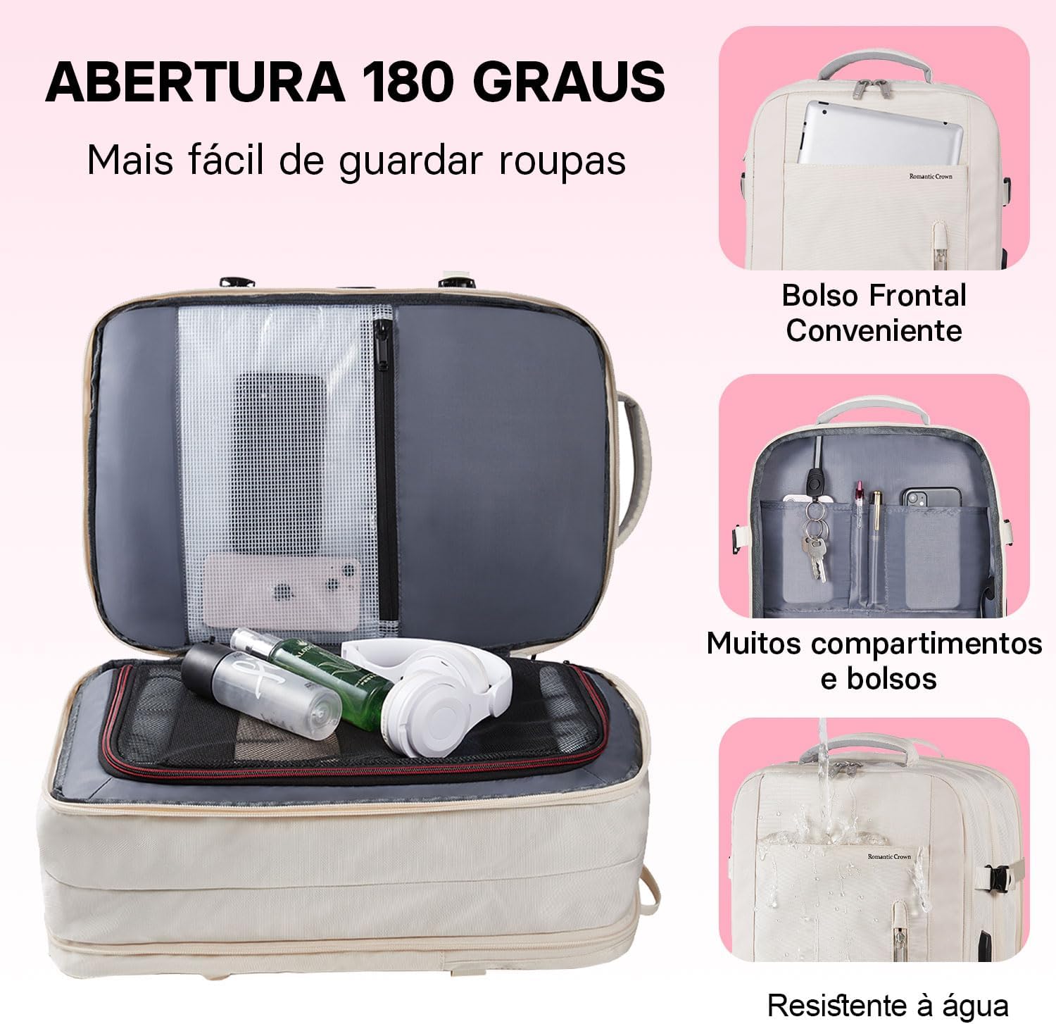 Mala frontal com fundo rosa.