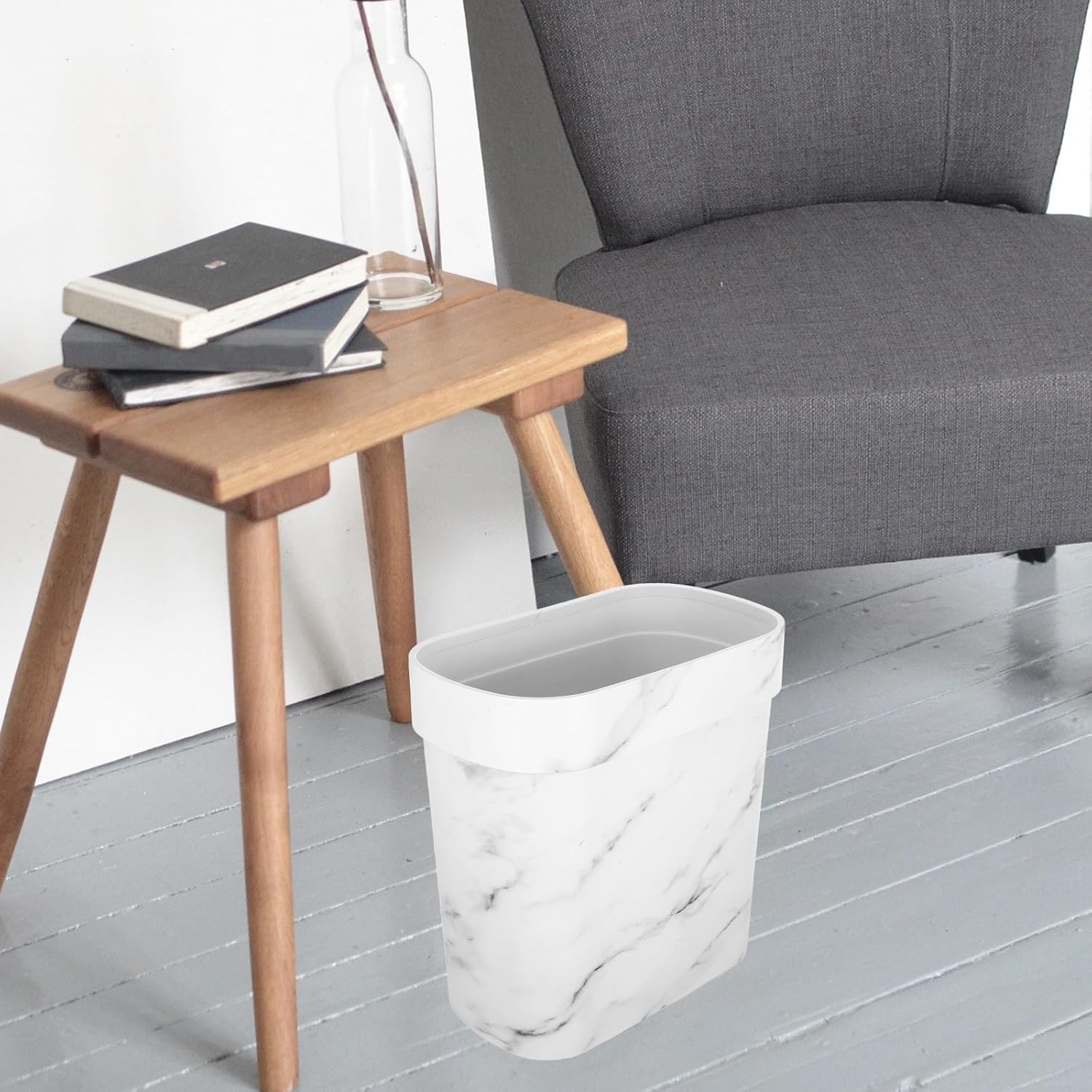 Marble Pattern Oval Kitchen Trash Bin Plastic Open Top Bathroom Wastebasket Narrow Garbage Can for Bedroom Storage and Organization