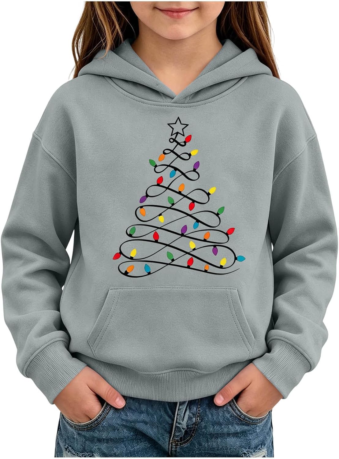 Kid Christmas Lights Tree Hoodie Graphic Fleece Pullover Holiday Sweatshirt