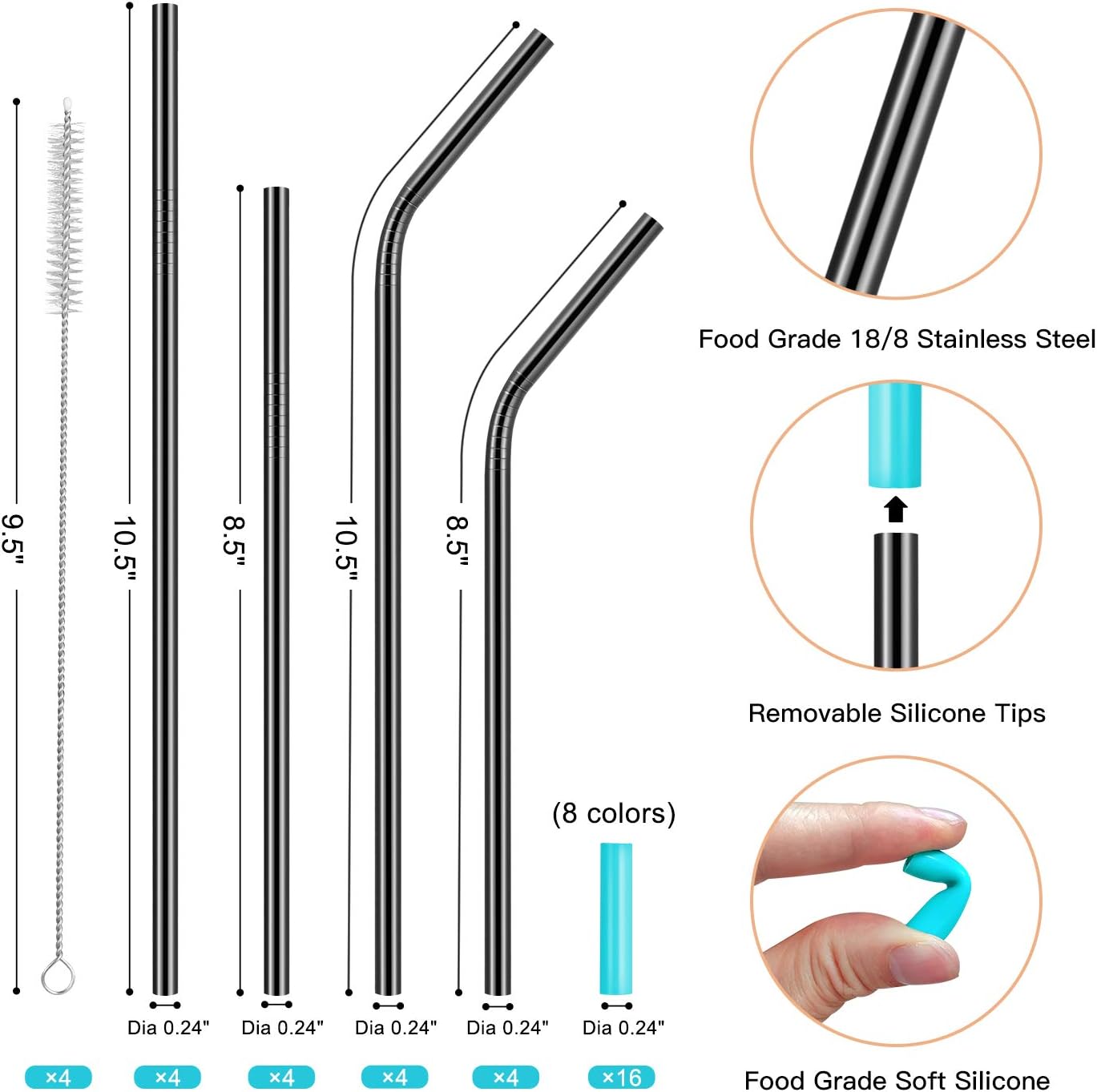 StrawExpert 16 Pack Black Reusable Metal Straws with Silicone Tip & Travel Case & Cleaning Brush,Long Stainless Steel Straws Drinking Straw for 20 and 30 oz Tumbler
