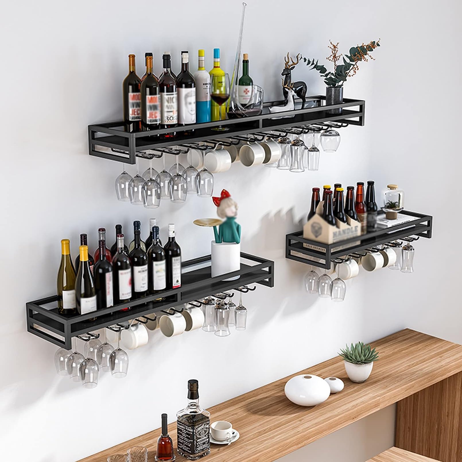 Botellero Moderno de Pared de Metal con Estante de Cristal, Soporte para Copas y Enfriador de Botellas Flotante para el hogar, Bar, Cocina, cafetería o Bodega.