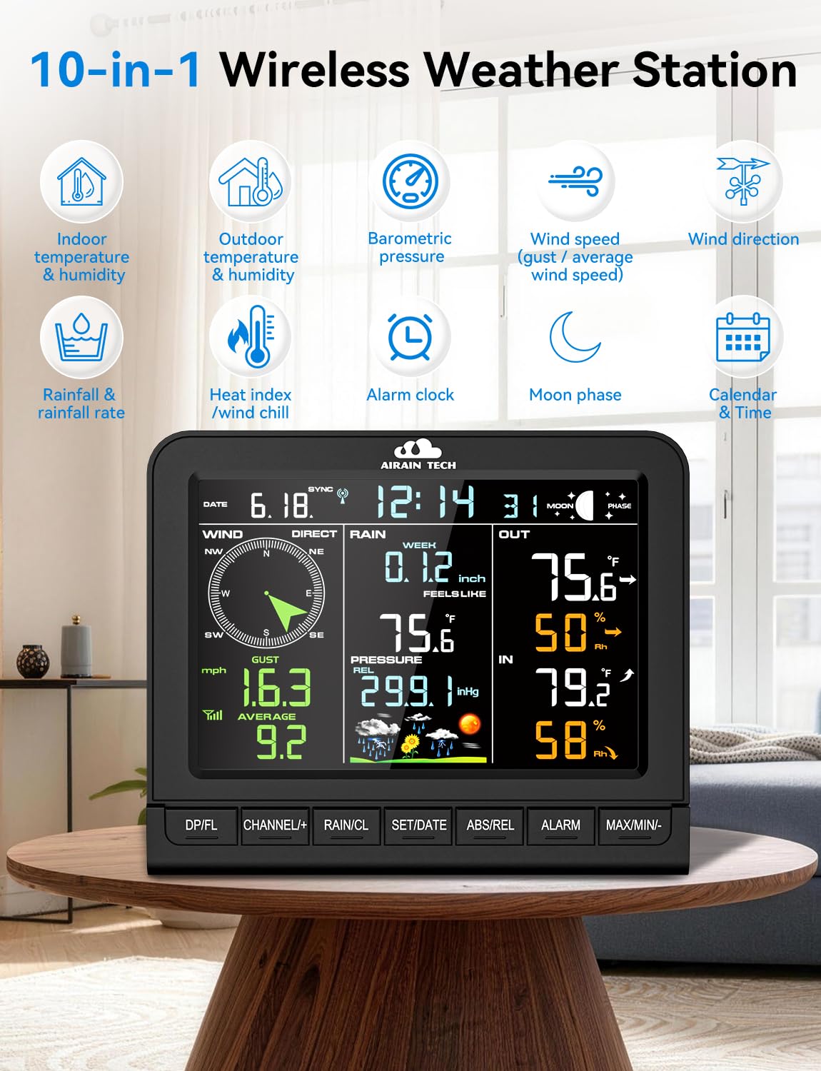 Drahtlose Wetterstation mit Außensensor | Funkgesteuerte Uhr, Regenmesser, Windgeschwindigkeit/-richtung, Mondphase, Barometer, Temperatur/Luftfeuchtigkeit, Wettervorhersage (ohne WLAN).