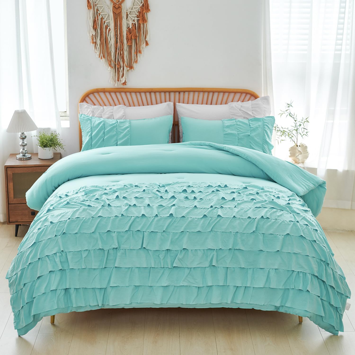 PERFEMET Teal Bedding Comforter Sets, 3 Pieces Multi Layers Ruffle Bedding Set Queen Size, Washed Microfiber Boho Comforter Set for Teens Girls Women (Teal,Queen)