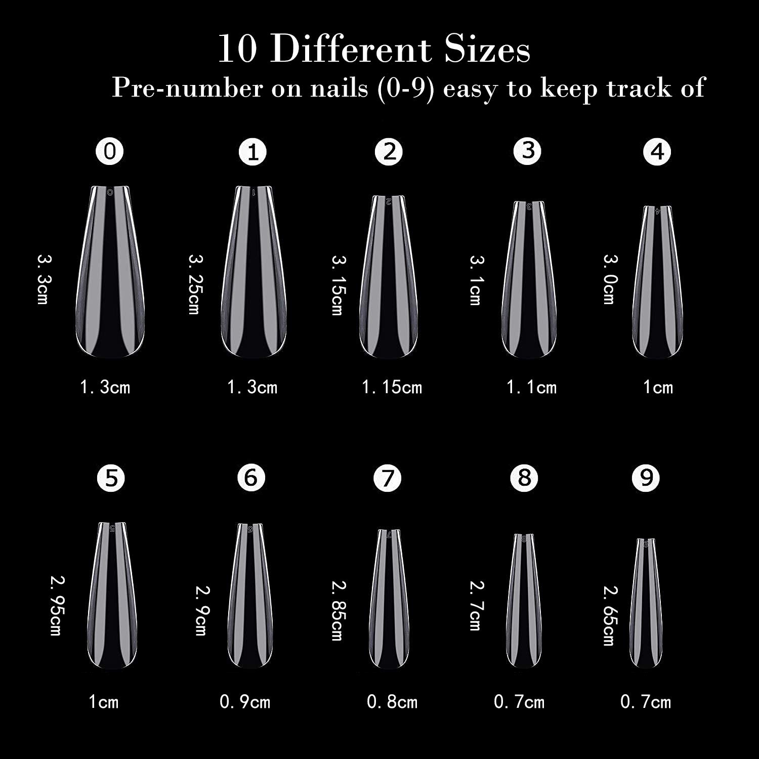 Noverlife 1200PCS Long Coffin False Nails Tips, 10 Sizes, Full Cover Ballerina Fakes Nails Acrylic Artificial Nail Art Manicure Finger Nails for Nail Salon DIY Nail Practice - Clear, Natural