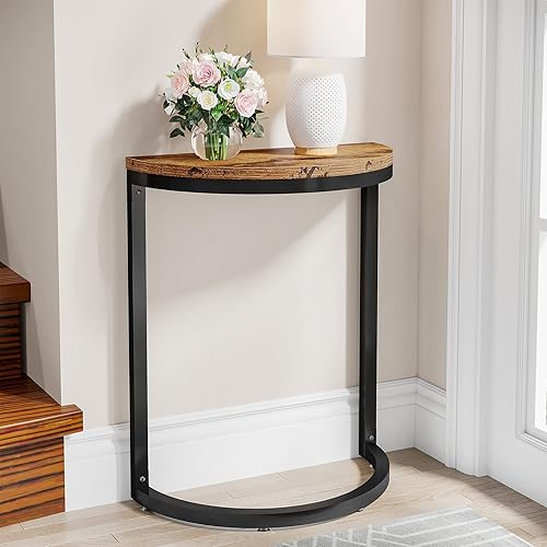 Miniatura 6 de Mesa auxiliar de 2 niveles semicircular con estante de almacenamiento, mesa auxiliar pequeña que ahorra espacio, mesa decorativa estrecha para sala