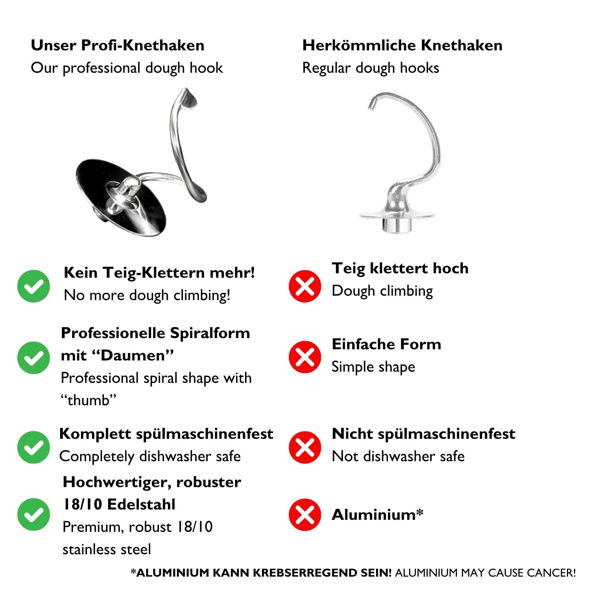 Kitty Professional Crochet de pétrissage pour robot de cuisine, en acier inoxydable compatibles avec les robots Kitchen Aid 4,3 L et 4,8 L | Résistant au lave-vaisselle