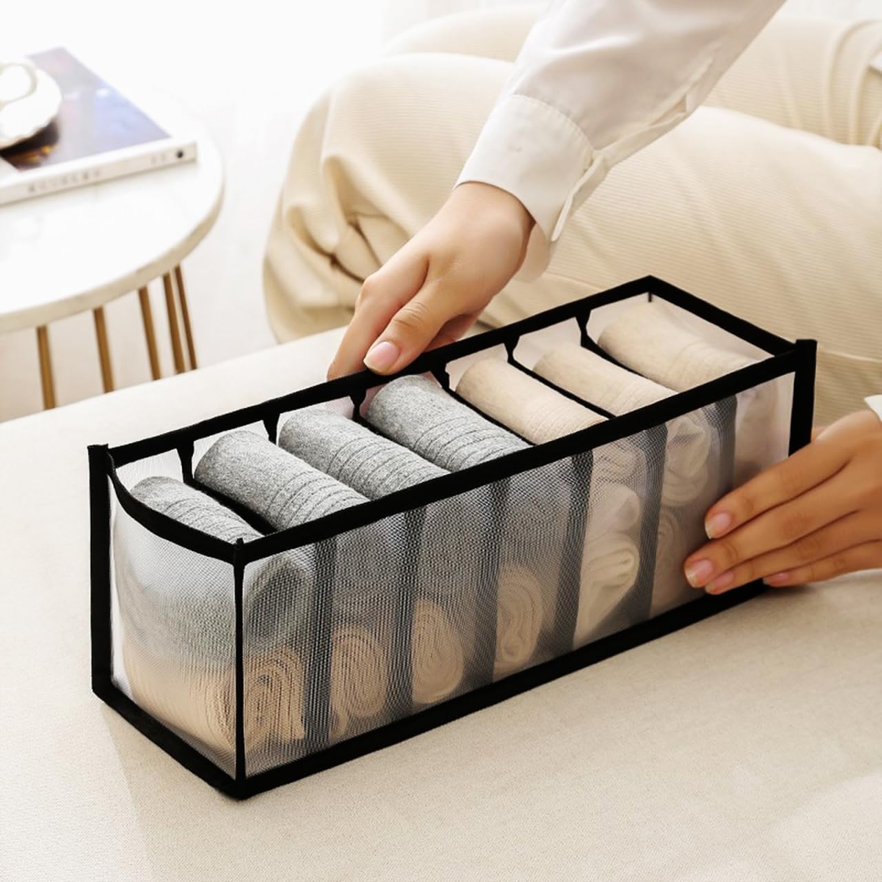 Sosoport Portable Underwear and Sock Storage Box with 6 Grids Mesh Organizer for Bras Socks Ties Home Closet Drawer Organizer 12.40X12.20X4.72In