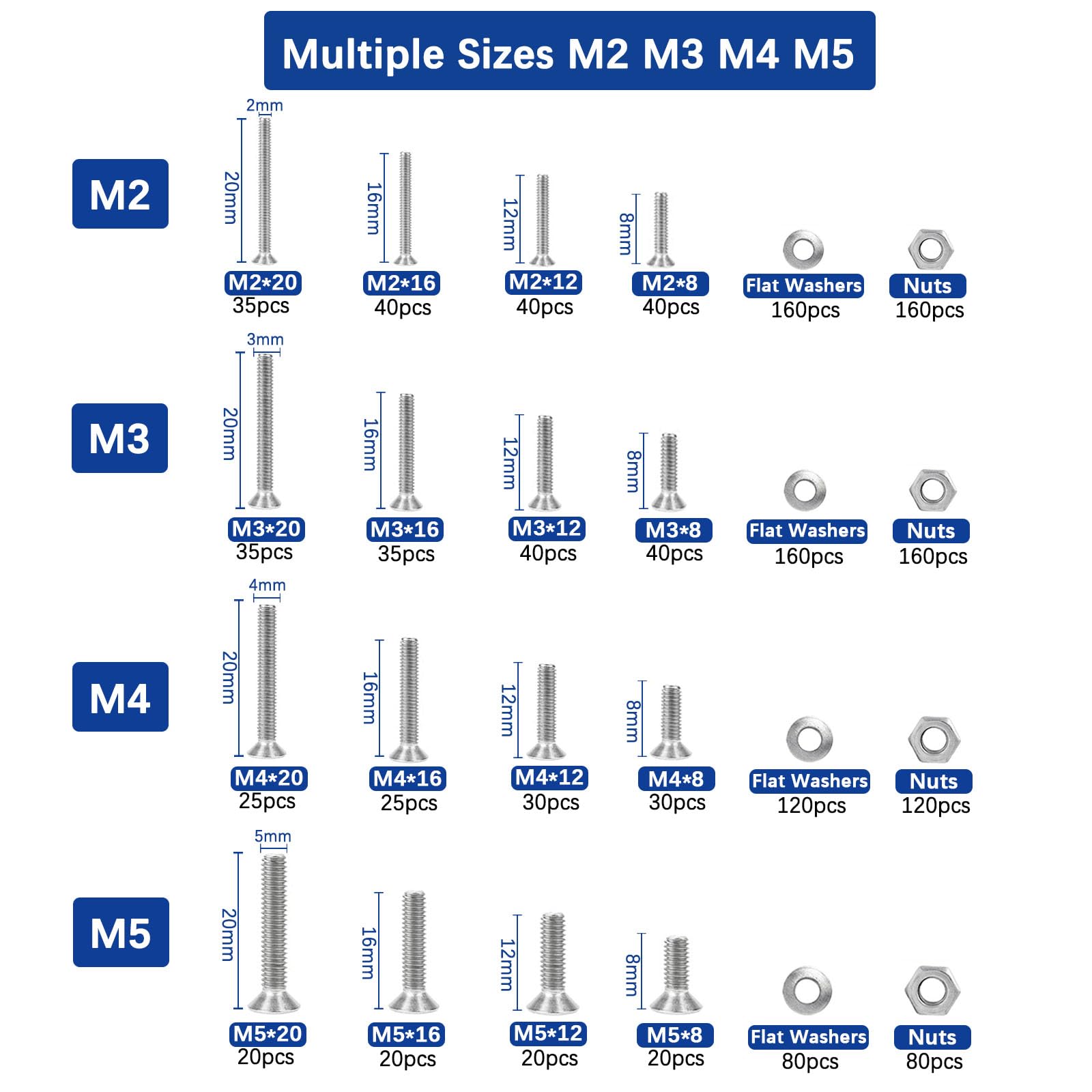 M2 M3 M4 M5 M6 304 Stainless Steel Screw Bolt Nut Washer Kit Countersunk Machine Screws Gasket Hex Allen Nuts Set Assortment - 13