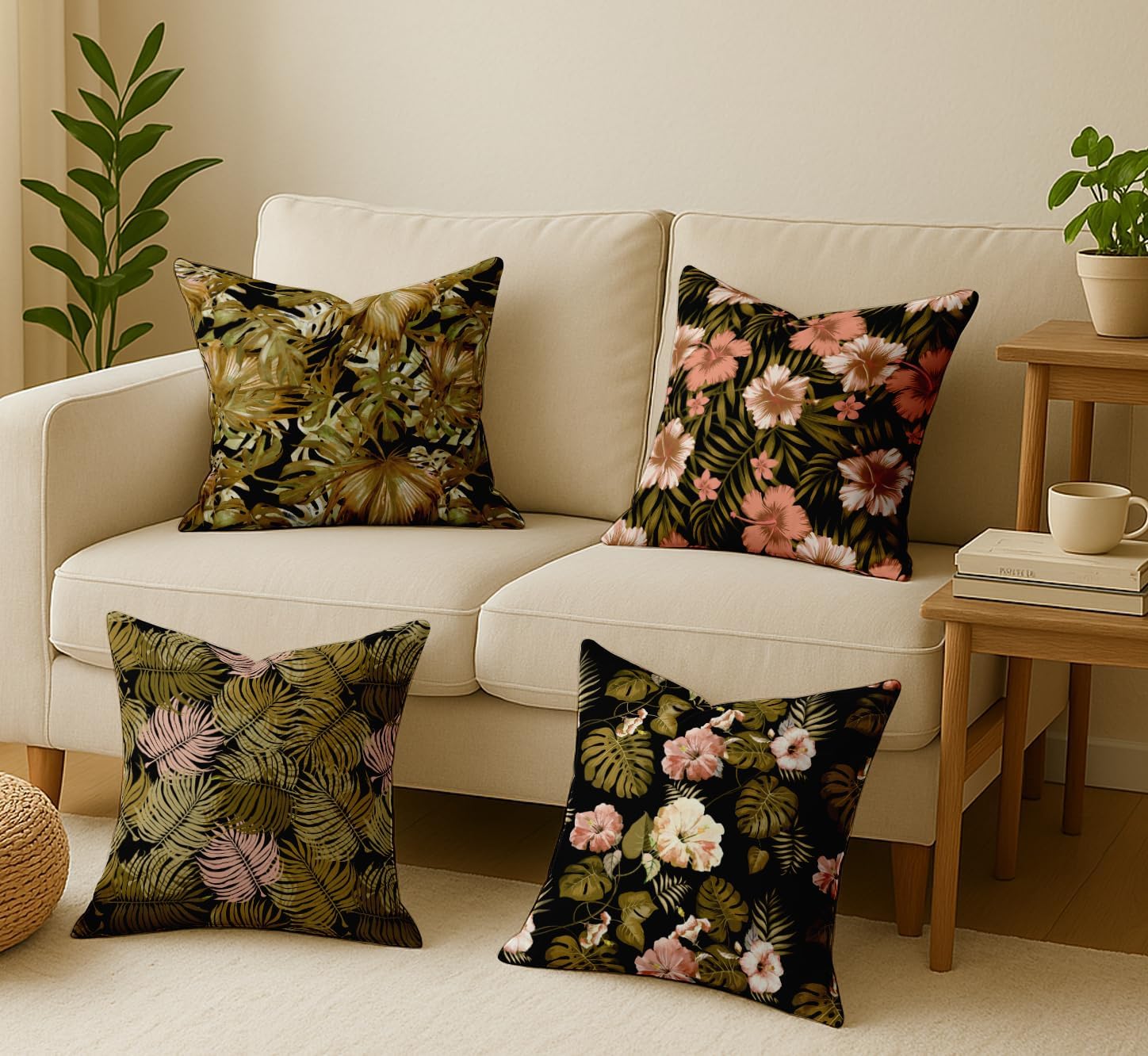 Set of 4 16x16 Inch Pillow Covers - 100% Cotton, Decorative Tropical Print, Double-Sided Print with Concealed Zipper - Filler Not Included - Black