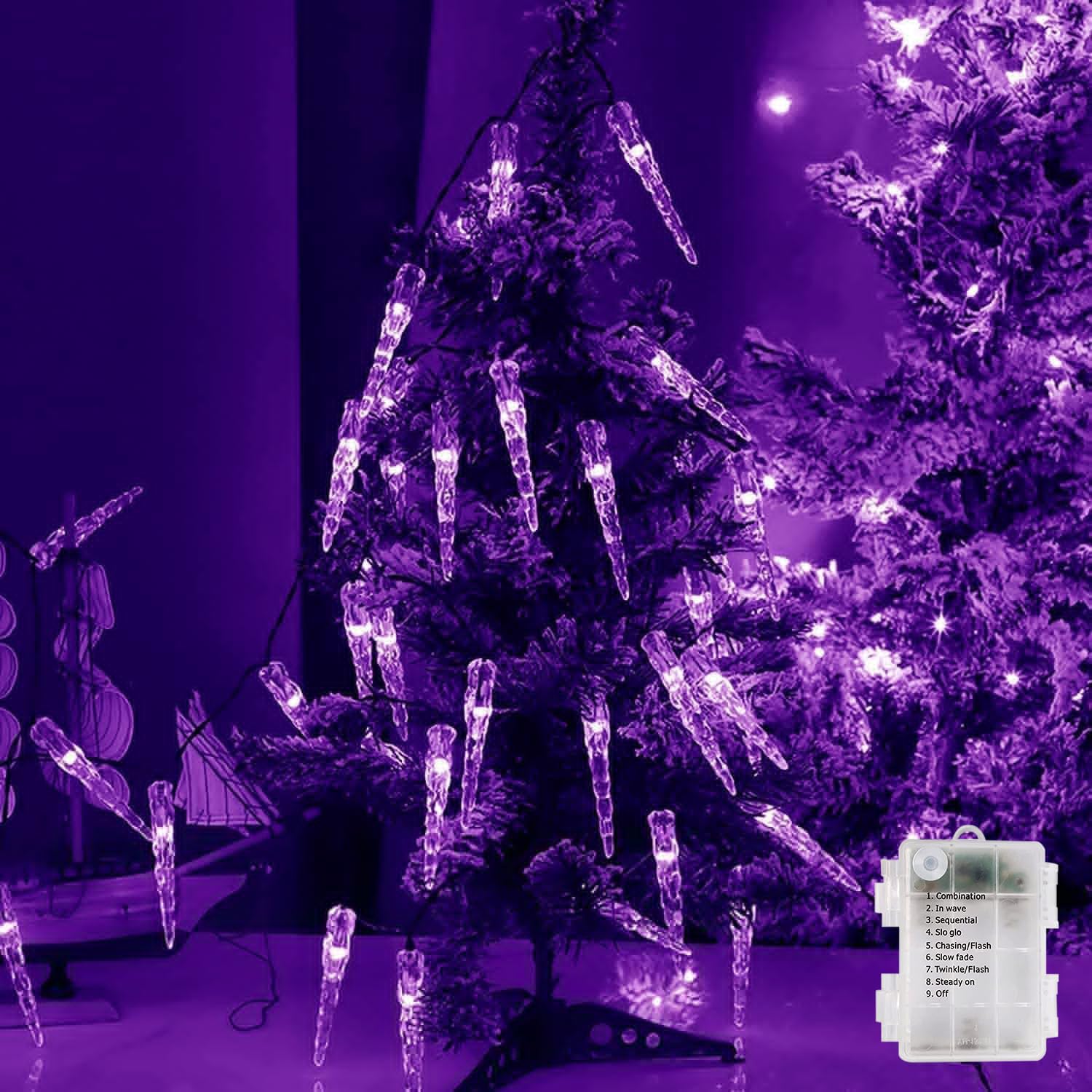 Guirlande lumineuse stalactite LED à piles, 20 m / 200 LED, rideau lumineux féérique en acrylique transparent, pour la décoration de Noël, des fêtes d'hiver (violet)