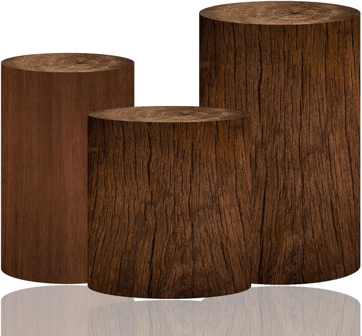 Wooden Tree Trunk Cylinder Pedestal Cover Set - 3 Sizes Rustic Party Decorations for Woodland Theme, Farmhouse Wedding, Birthday, Baby Shower, Dessert Table Display, or Event Backdrop Props