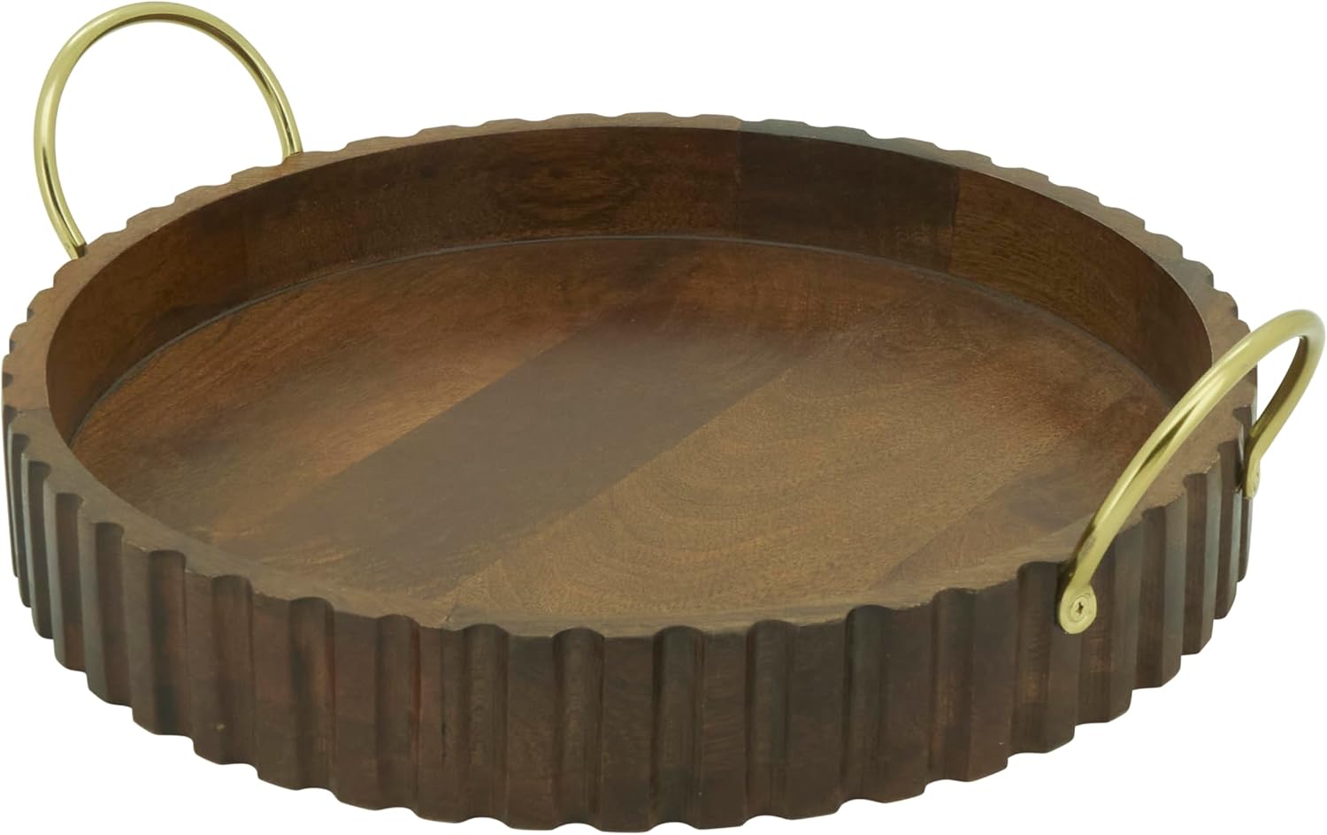 SARO LIFESTYLE Scalloped Mango Wood Serving Tray with Brass Handles – Decorative Round Tray for Coffee Table, Bar & Entertaining, 16"