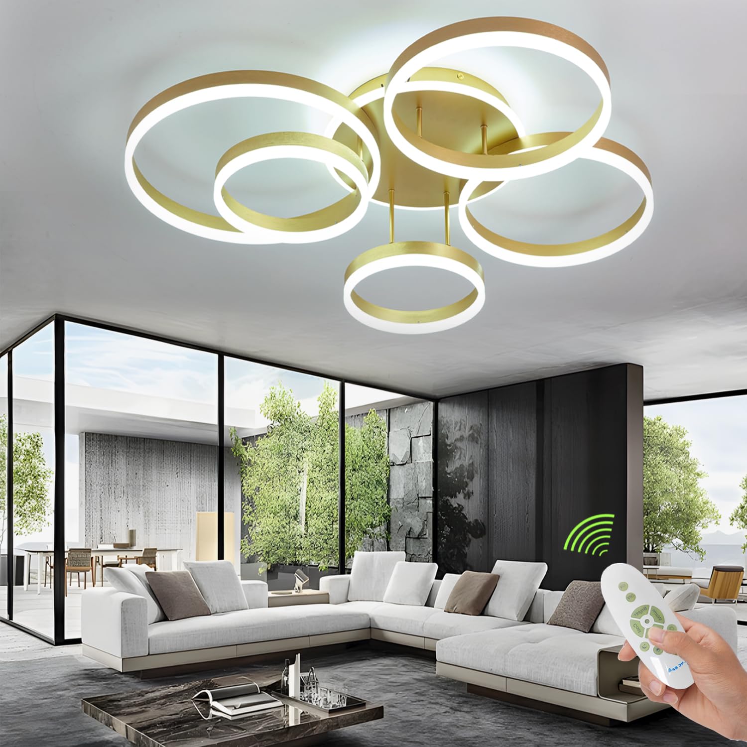 EMBRING Lámpara de techo LED Regulable, 6 Rings Lamparas de Techo Salon, Control Remoto, 106W 3000k-6000k Modernas Lamparas de Techo LED para Sala de Estar, Cocina, Dormitorio(Oro)