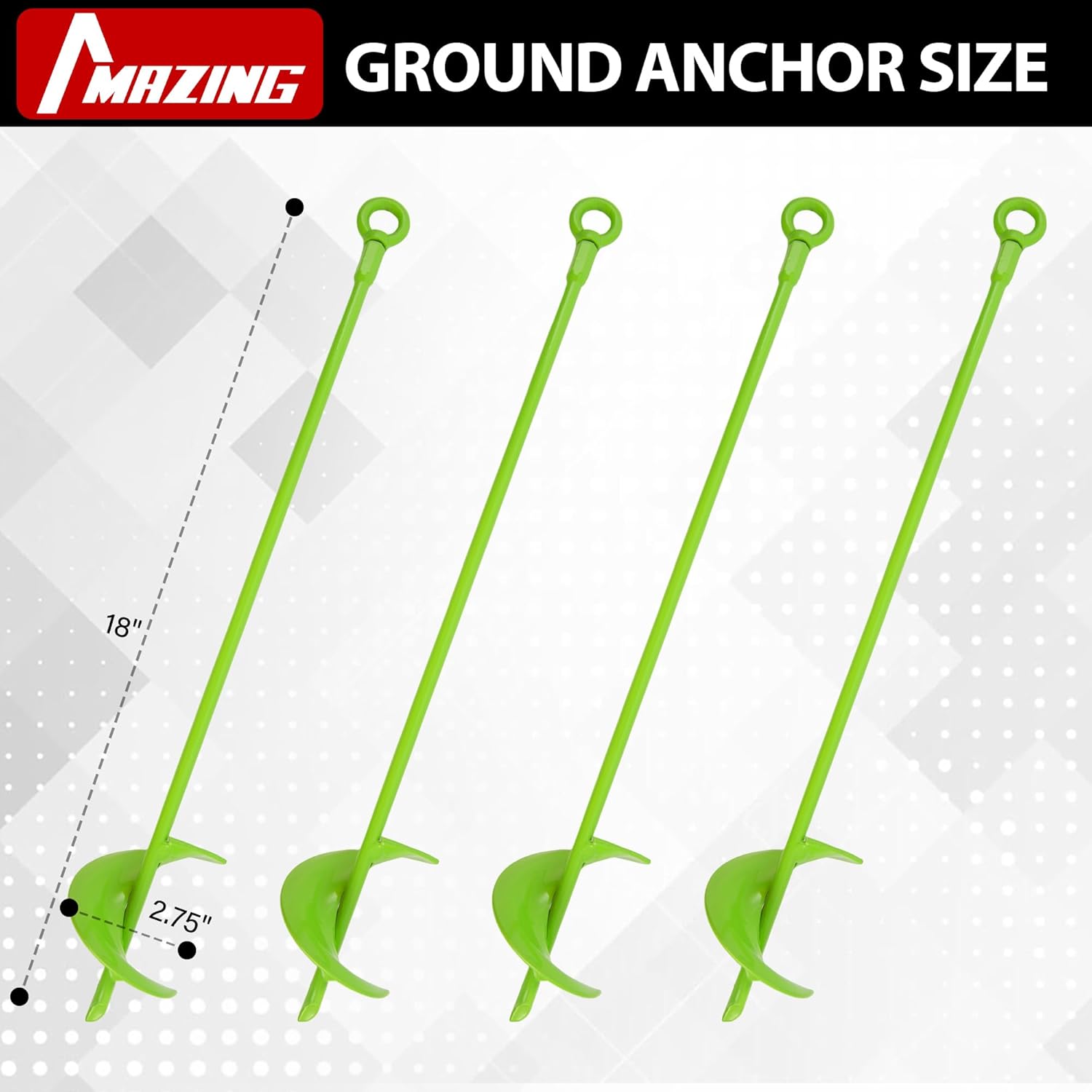 MAZING Ground Anchor Kit 18 Inch Long, 4PC Heavy Duty Spiral Blade Earth Anchors Kit Screw in, Auger Stake for Camping Tent, Trampoline, Canopies, Carport, Swing Set, Securing Animals, Sheds