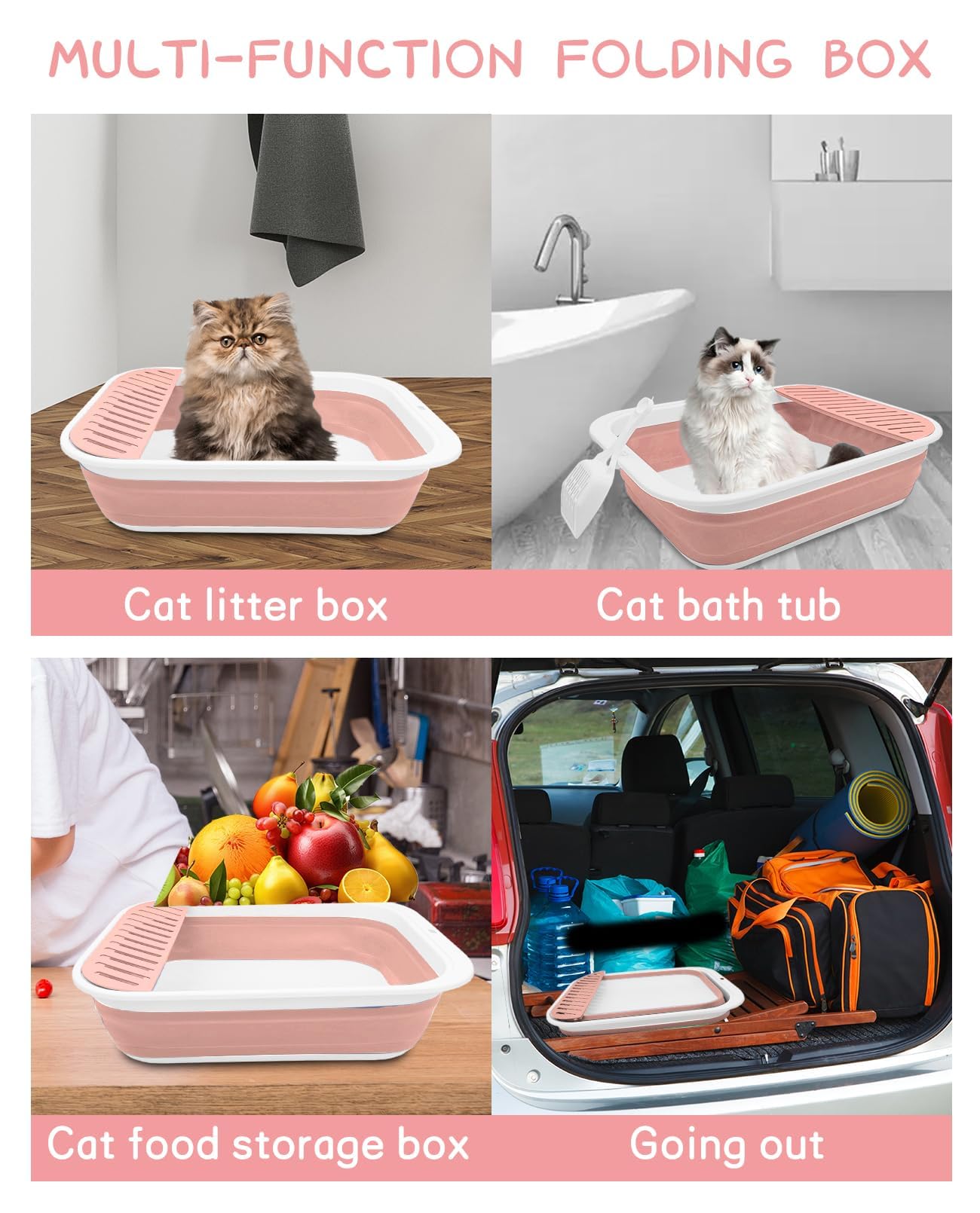 BNOSDM Foldable Small Cat Litter Box for Kittens Open Potty Pan Collapsible Cat Toilet with Scoop Senior Kitty Travel Shallow Litters Boxes Anti-Splash Waterproof for Small-Sized Cats Pink