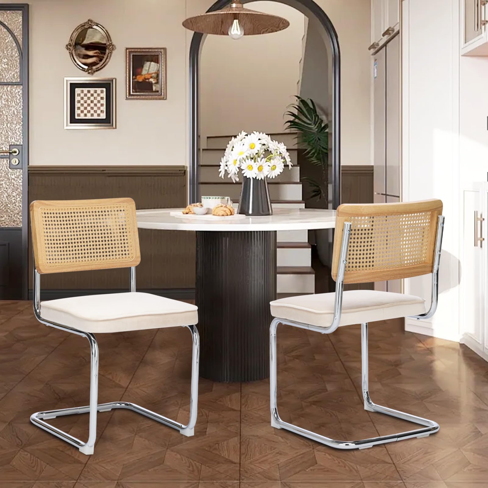 VICBARLEY Rattan Back Velvet Dining Chair Set of 2 Modern Stainless Chrome Base Armless Upholstered Side Chair for Dining Room, Kitchen Island, Beige