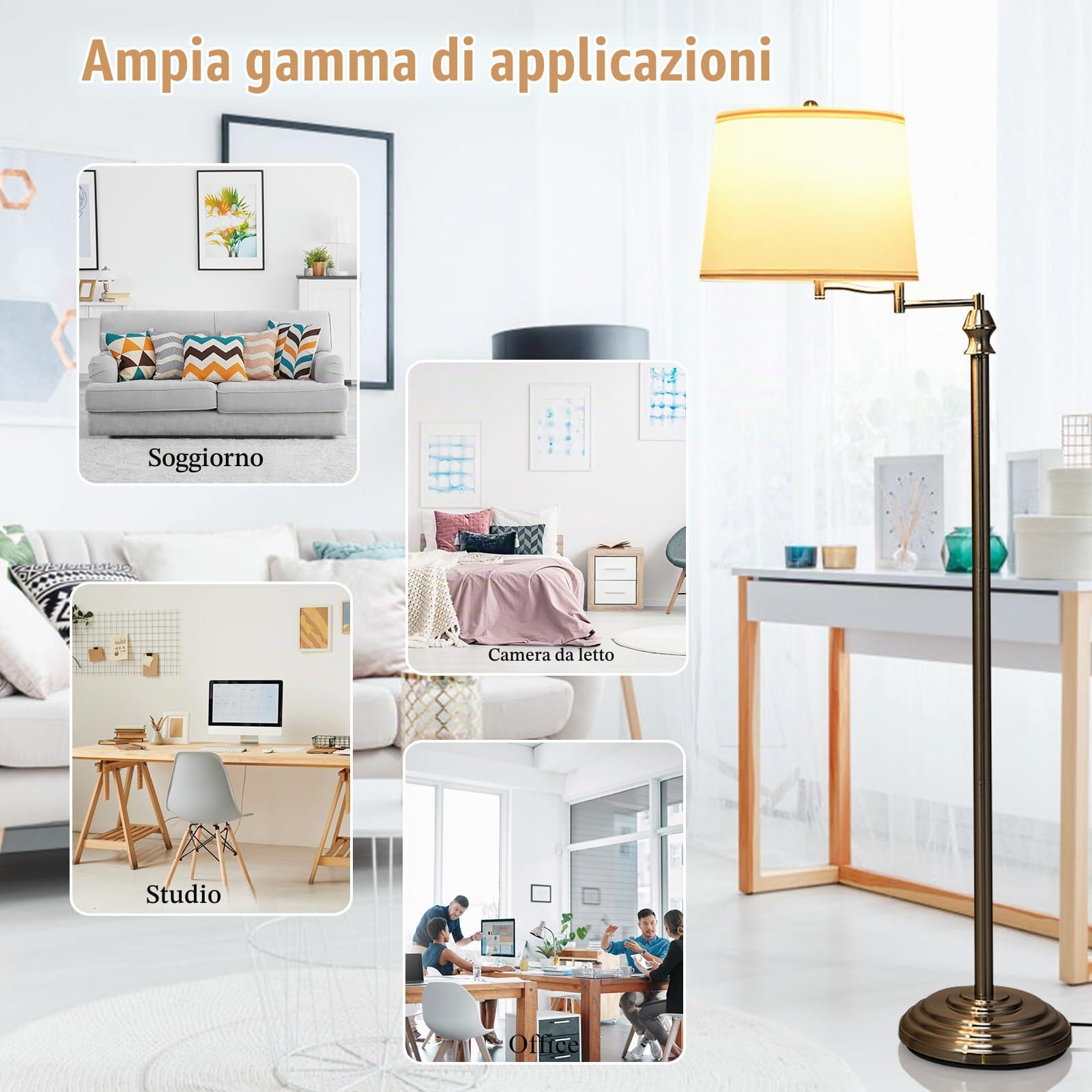 HOMASIS Lampada da Terra, Lampada da Piantana, Lampada Girevole ed Estensibile con Paralume Beige in Tessuto e Base Stabile in Ferro, Senza Lampadina, E27,40W, per Salotto, Studio, 28,5 x 152 cm