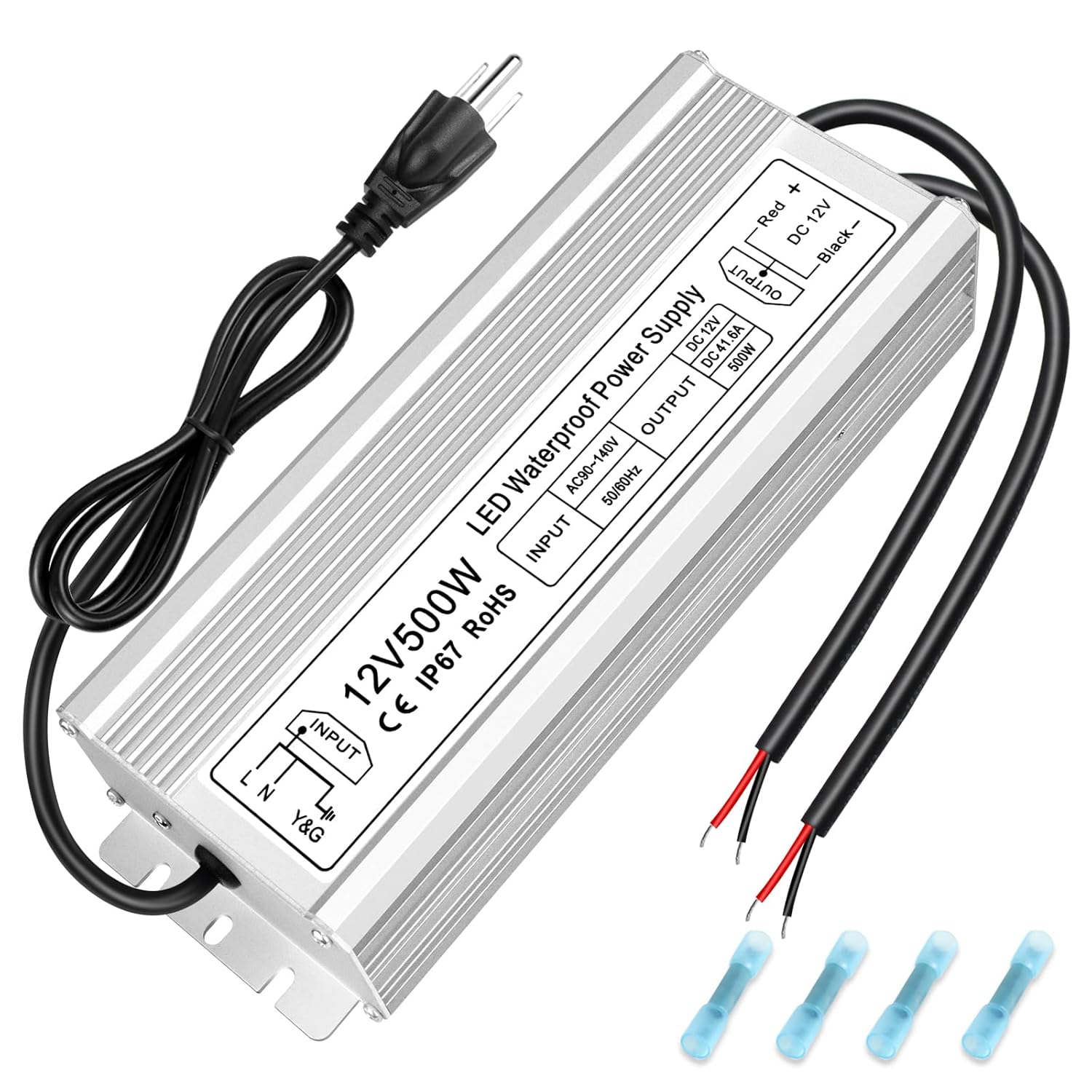 inShareplus 500W 12V Power Supply, IP67 Waterproof Outdoor LED Driver, AC 90-140V to DC 12 Volt 41.6A Converter, Low Voltage Transformer with 3-Prong Plug for LED Light and Other 12V DC Products