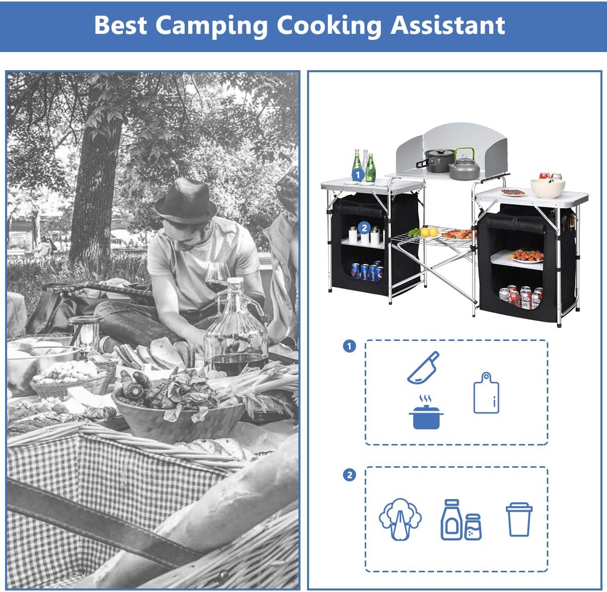 Giantex Camping Kitchen Station, Folding Grill Table with 26'' Tabletop, 2 Side Tables, Storage Organizer, Detachable Windscreen, Portable Camp Cook Outdoor Prep Station Backyard BBQ Picnic (Black)