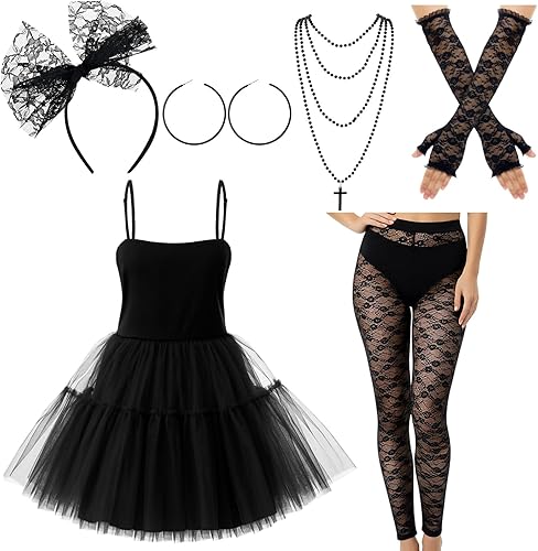 Miniatura 8 de Disfraz de estrella del pop de los años 80 para mujer, vestido tutú con accesorios, conjunto de disfraz de Halloween con temática de los años 80