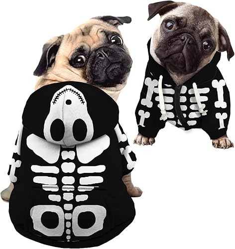 Howilath Disfraz de Halloween de hueso de perro, sudadera con capucha de esqueleto para perro, ropa para mascotas, ropa con cremallera de calavera