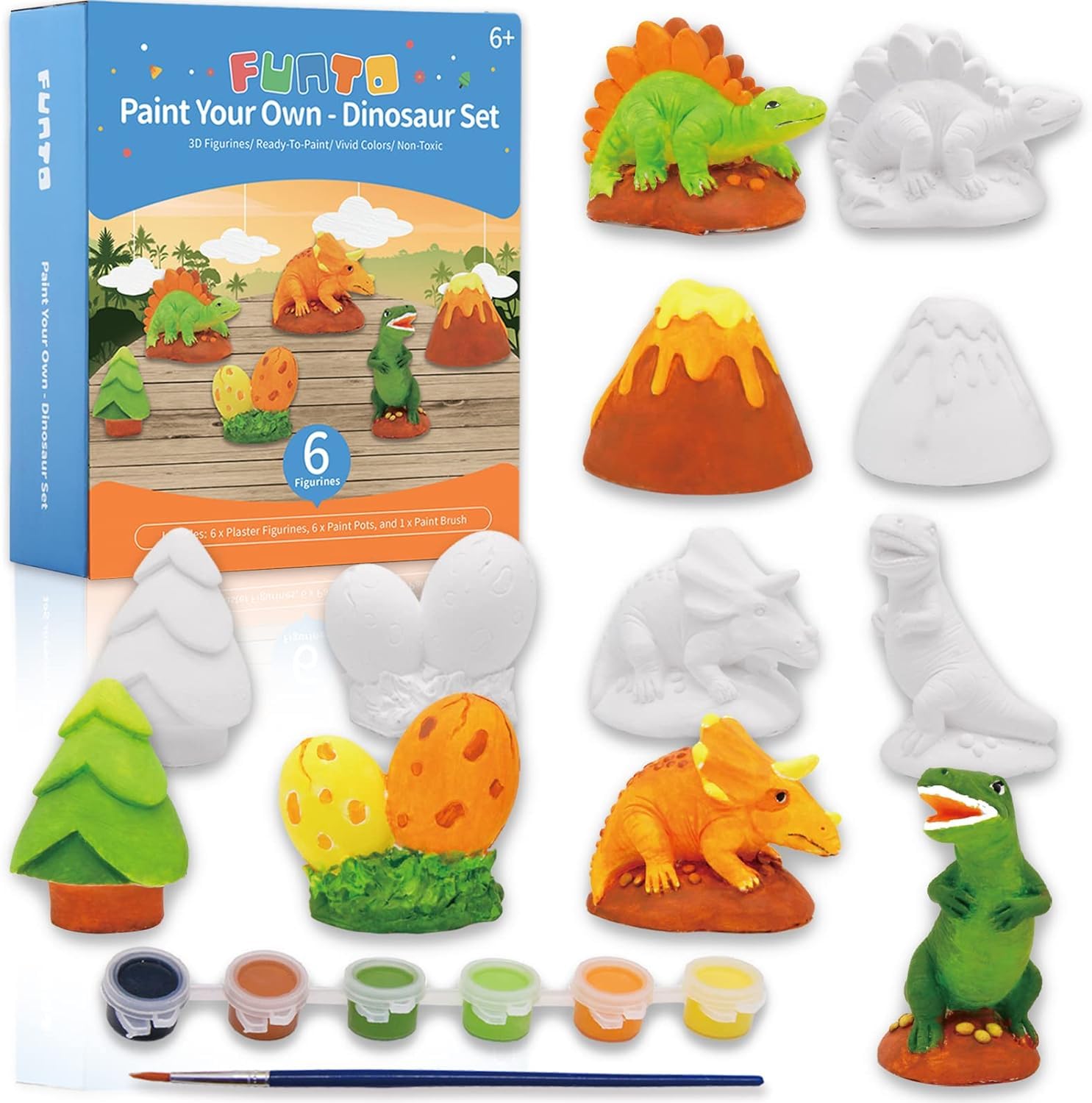 Funto Paint Your Own Dinosaur - Paint by Number 13 Pcs Kids Crafts and Painting Kits for Kids 6 - 12, Includes 6 Plaster Figurines, 6 Paint Pots and 1 Paint Brush
