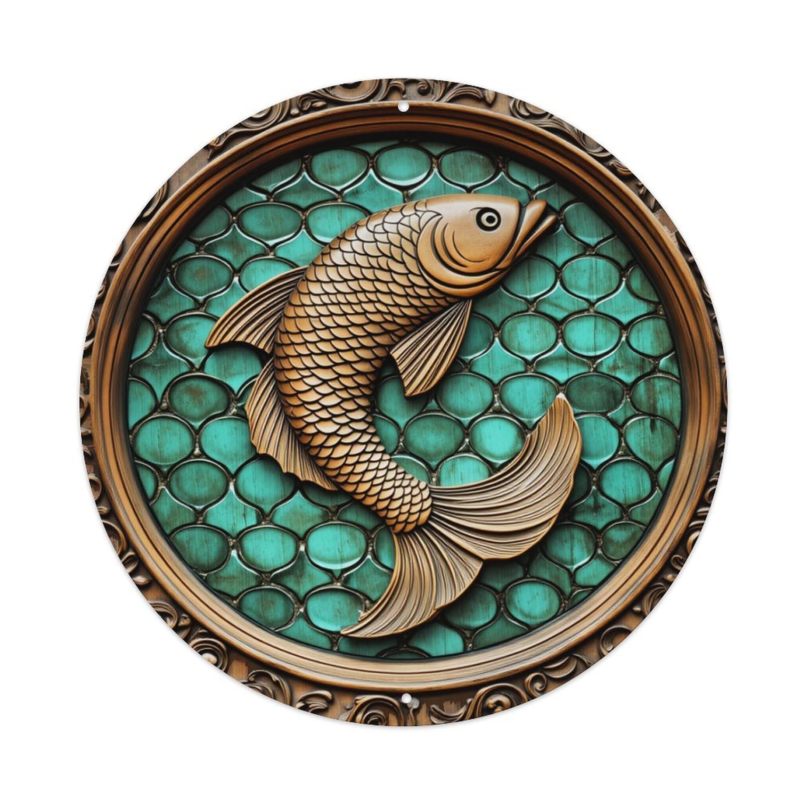 Fish Relief Artwork Pattern Design Round Tin Sign Retro Metal Sign for Cafe Bar Pub Home Game Room Gym Club Wall Decoration Vintage Metal Poster 8x8 Inch