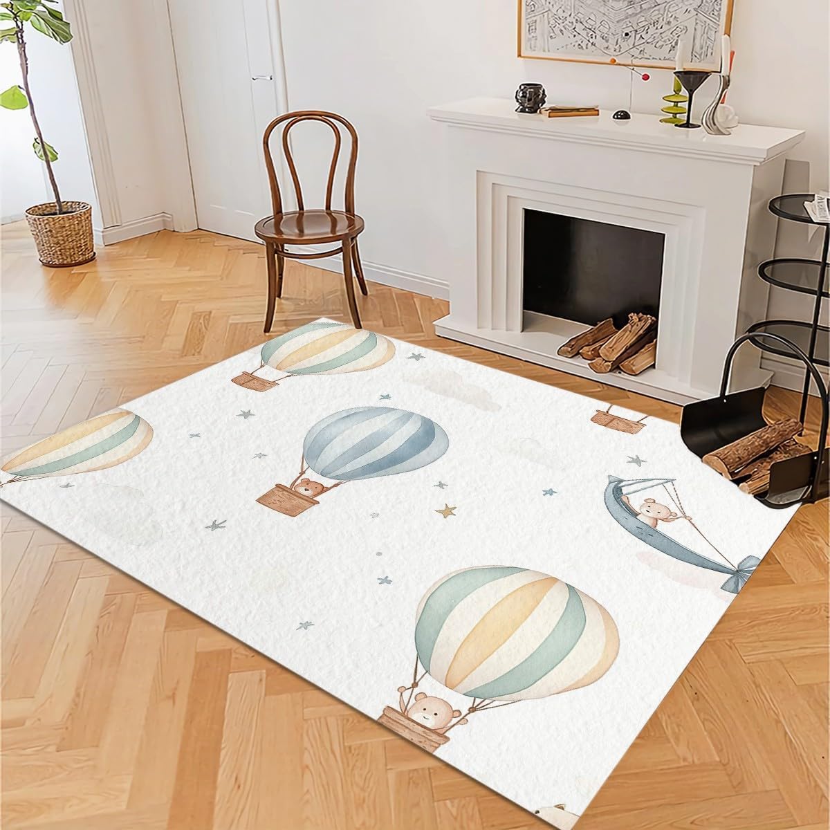 Cartoon Hot Air Balloon Machine Washable Rug 4x6 ft White Patterned Large Rug & Washable Non Slip Indoor Floor Carpet & Home Decor