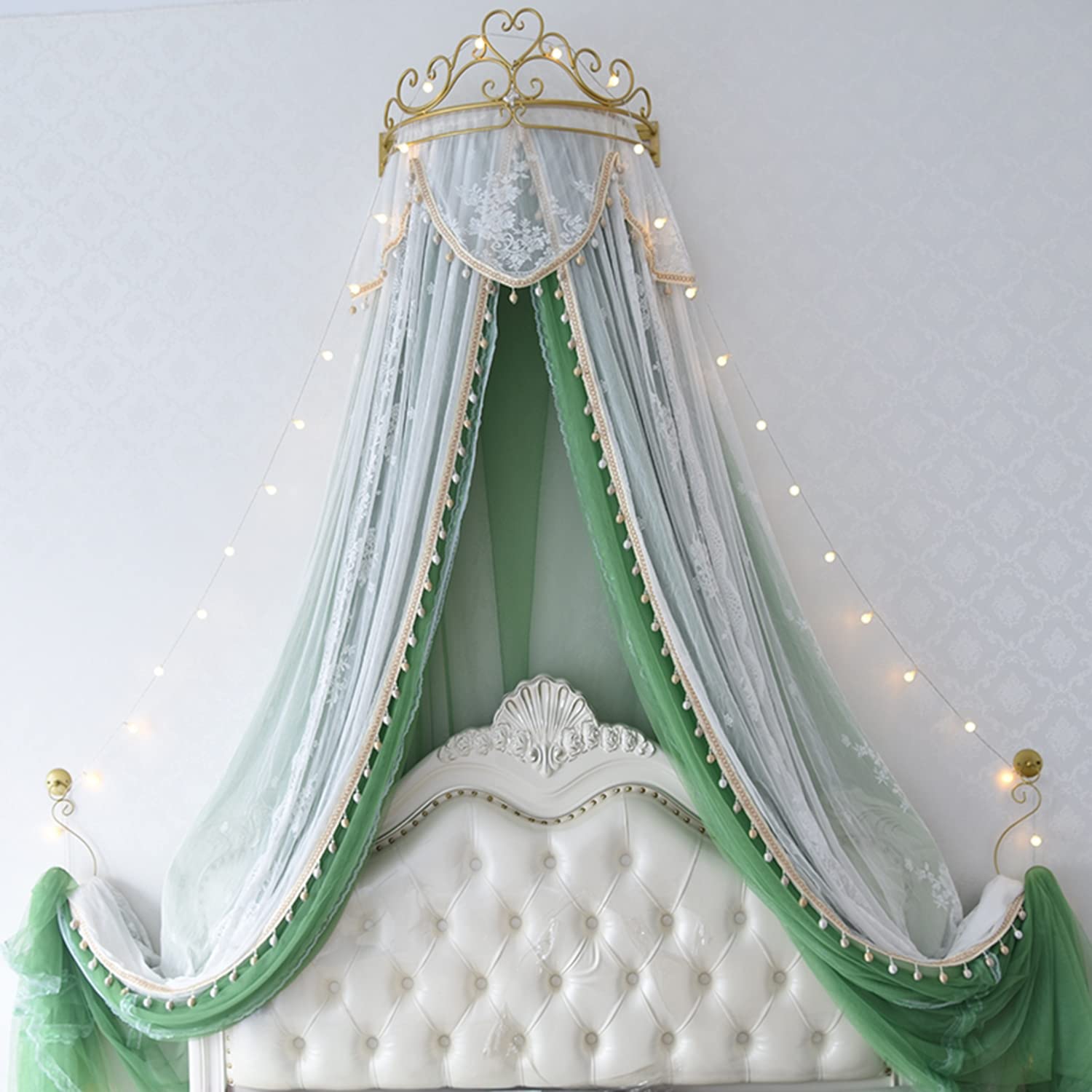 Miuxe Metal Wall Teester Bed Crown Canopy - Antique Crown Wall Decor Princess Bed Curtains for Over Beds or Windows, Lace Mosquito Net Bedroom Decoration Castle Reading Nook Canopies