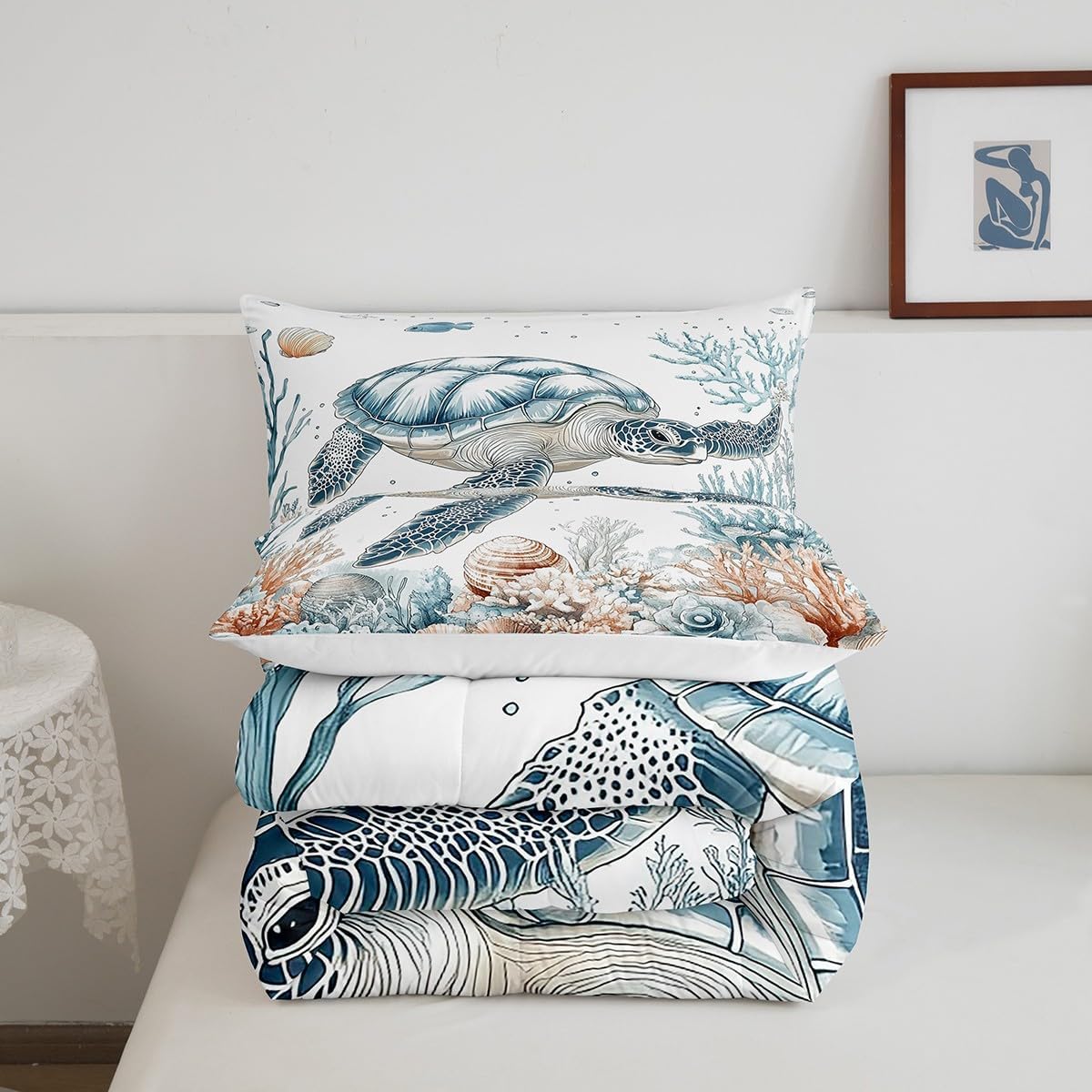 Sea Turtle Bedding Set King Size,Ocean Coral Shells Comforter Set 3Pcs for Kids Girls Boys Adult Room Decor,Underwater World Quilt Set Wild Animals Duvet Insert,2 Pillowcases