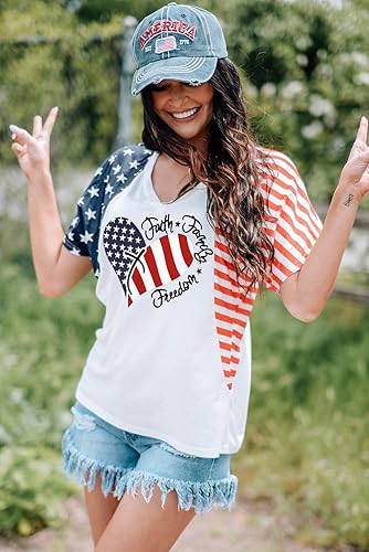 Miniatura 3 de Camisas patrióticas para mujer, camiseta con la bandera estadounidense, Faith Family Freedom Graphic Tee USA Star Stripes Tops