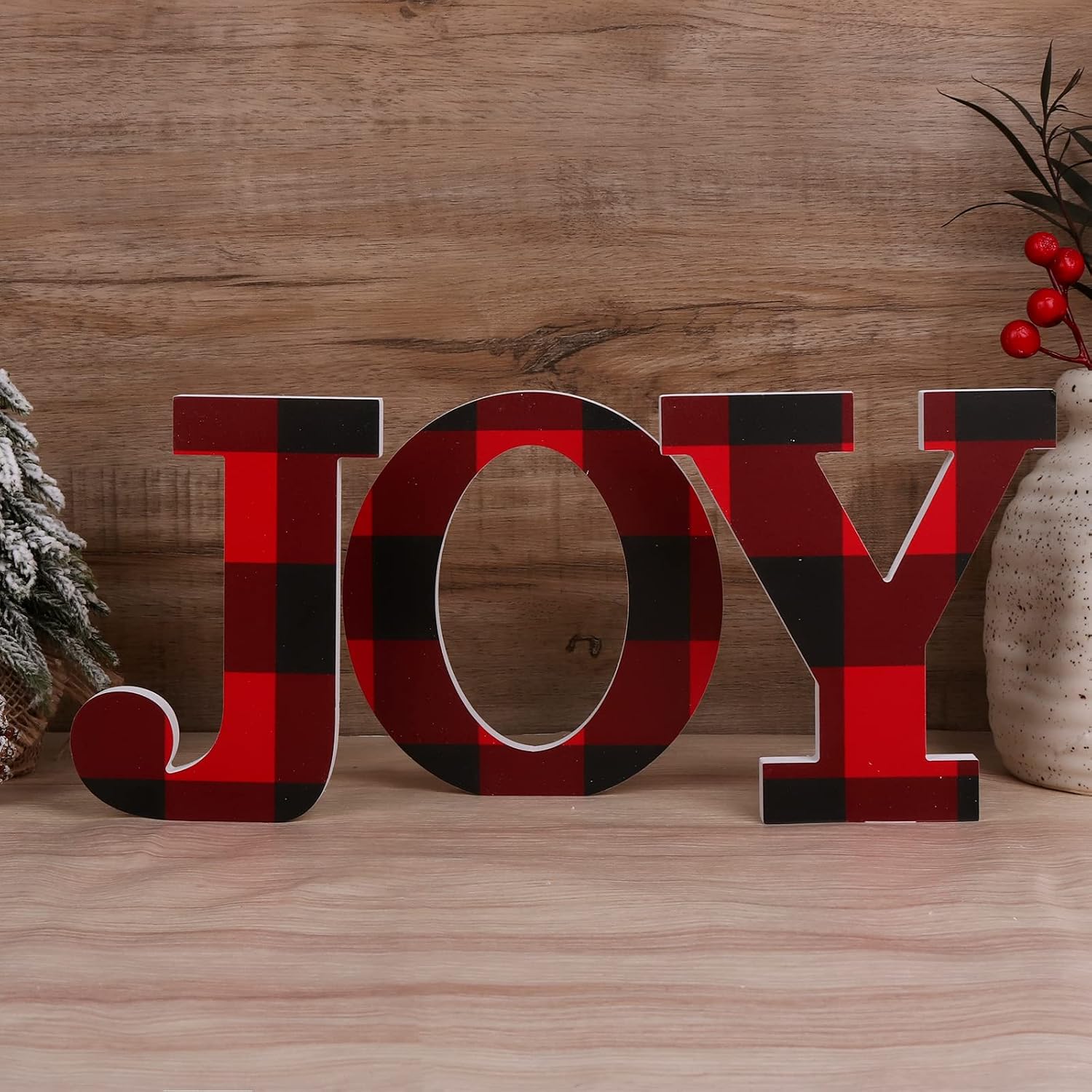 Ivenf Christmas Joy Table Decoration 3 Pcs, Mantel Fireplaces Table Sign for Xmas New Year Winter Holiday Home Decorations, Red Black Buffalo