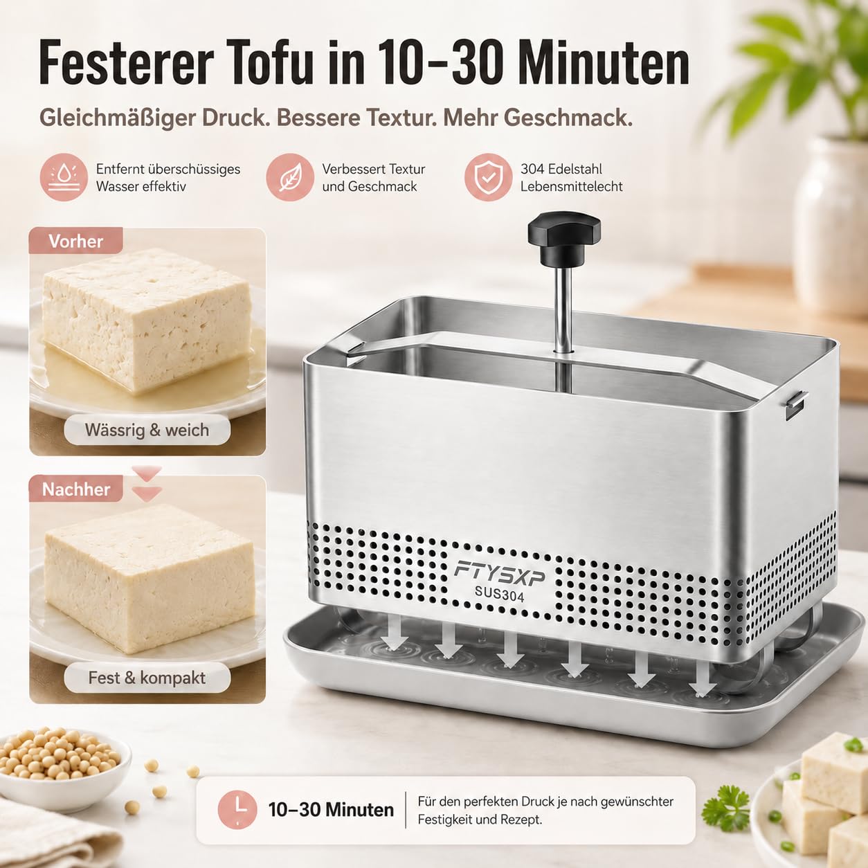 Pressa per tofu in acciaio inox 304, con pressione regolabile, pressa per formaggio e paneer, con vaschetta antigoccia e panno per formaggio, senza BPA, lavabile in lavastoviglie, per tofu
